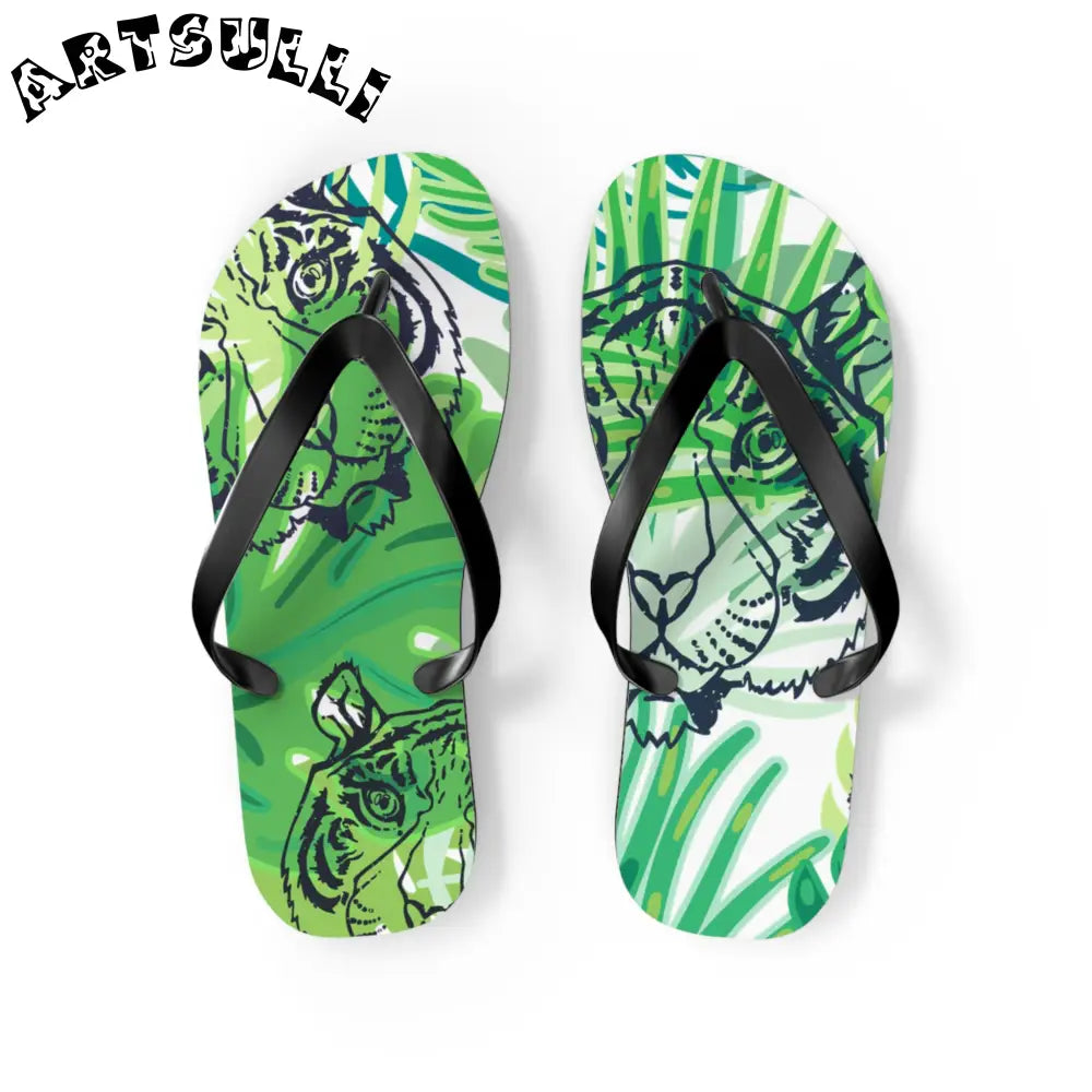 JAKKOUTTHEBXX Tropical Jungle Tigers Green Flip Flops JAKKOUTTHEBXX