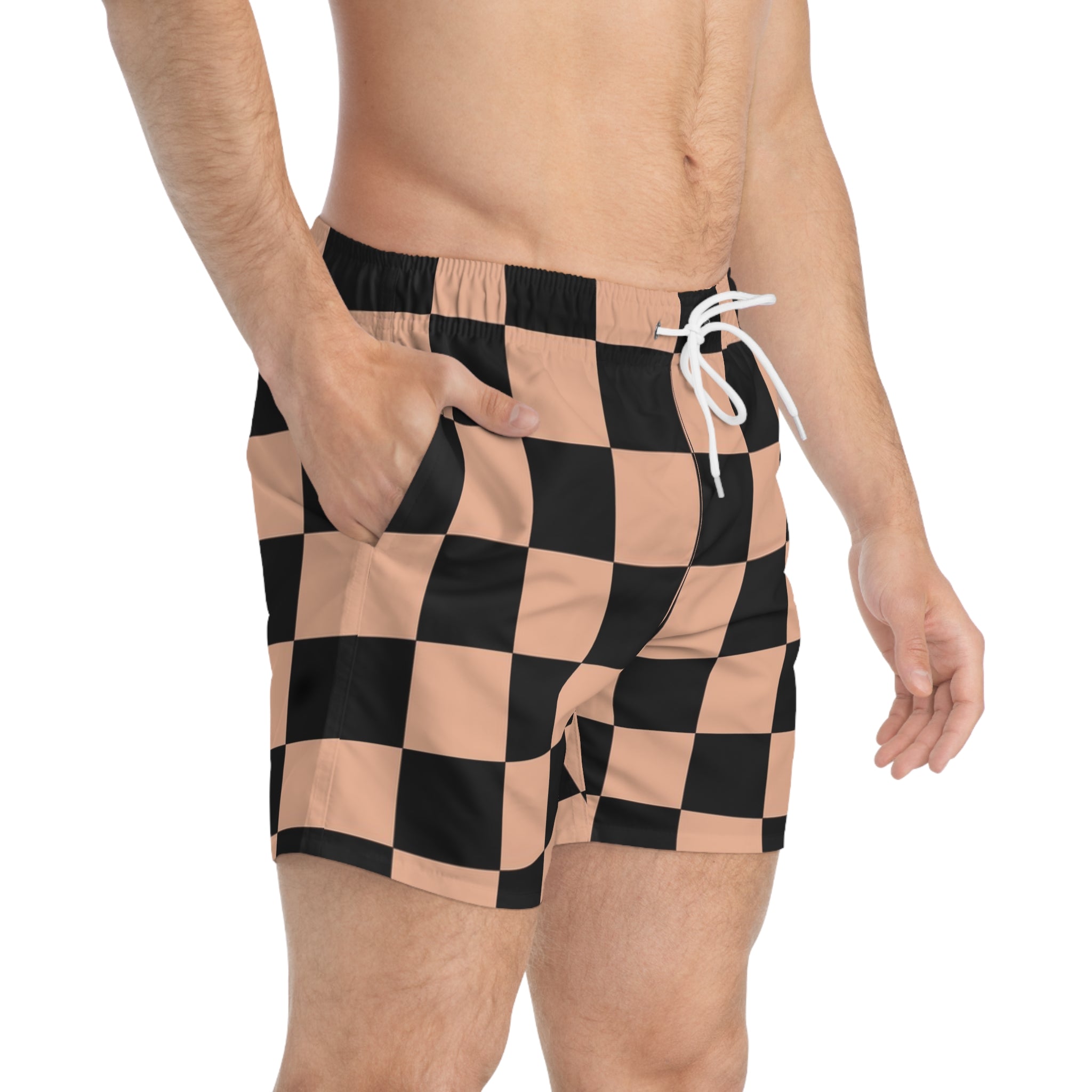 Checkerboard Soft Orange and Black Swim Trunks (AOP), Artsulli - Art is Long, Life is Short, All Over Prints, , , , , , , 