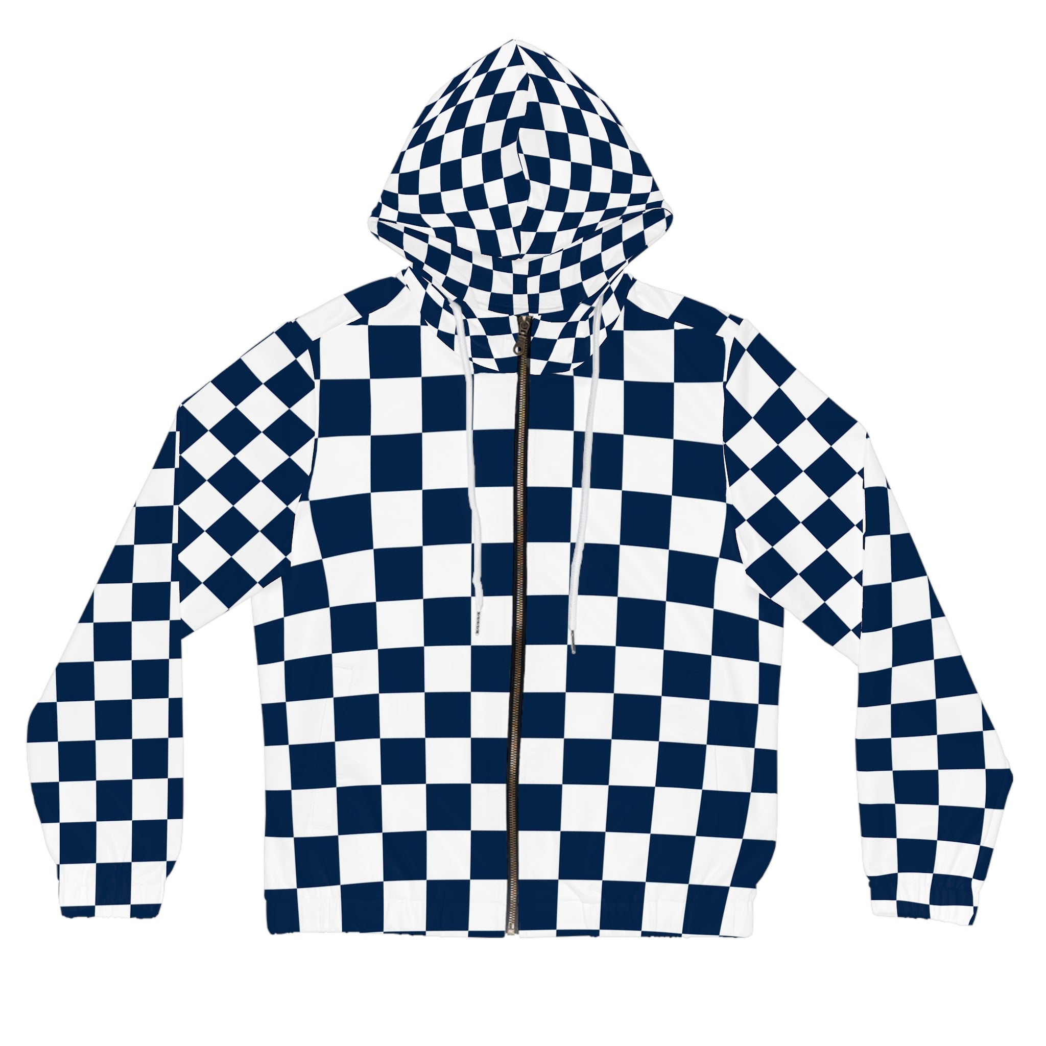 Checkerboard White and Navy Blue Women’s Full-Zip Hoodie (AOP), Artsulli - Art is Long, Life is Short, All Over Prints, Size, XS, Color, White, , , 21452287073492143042