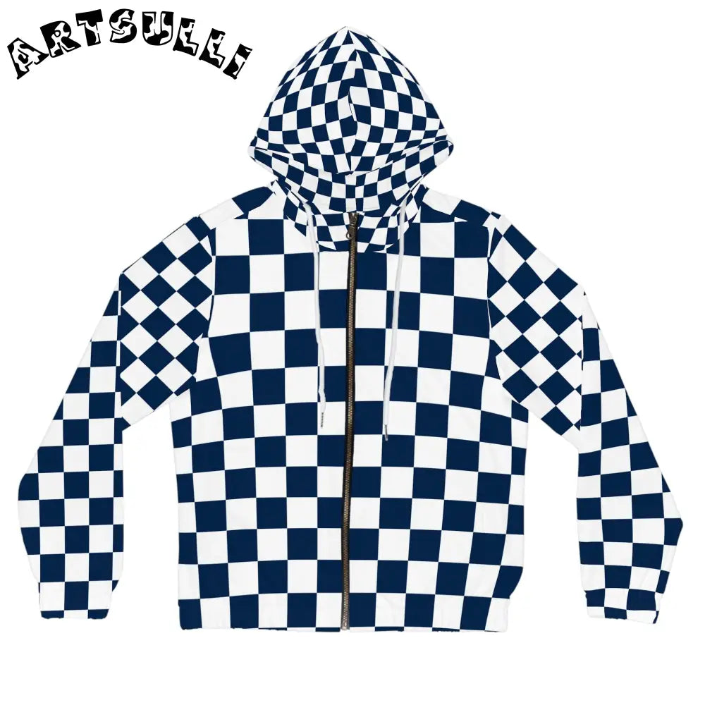 JAKKOUTTHEBXX Checkerboard White and Navy Blue Women’s Full-Zip
