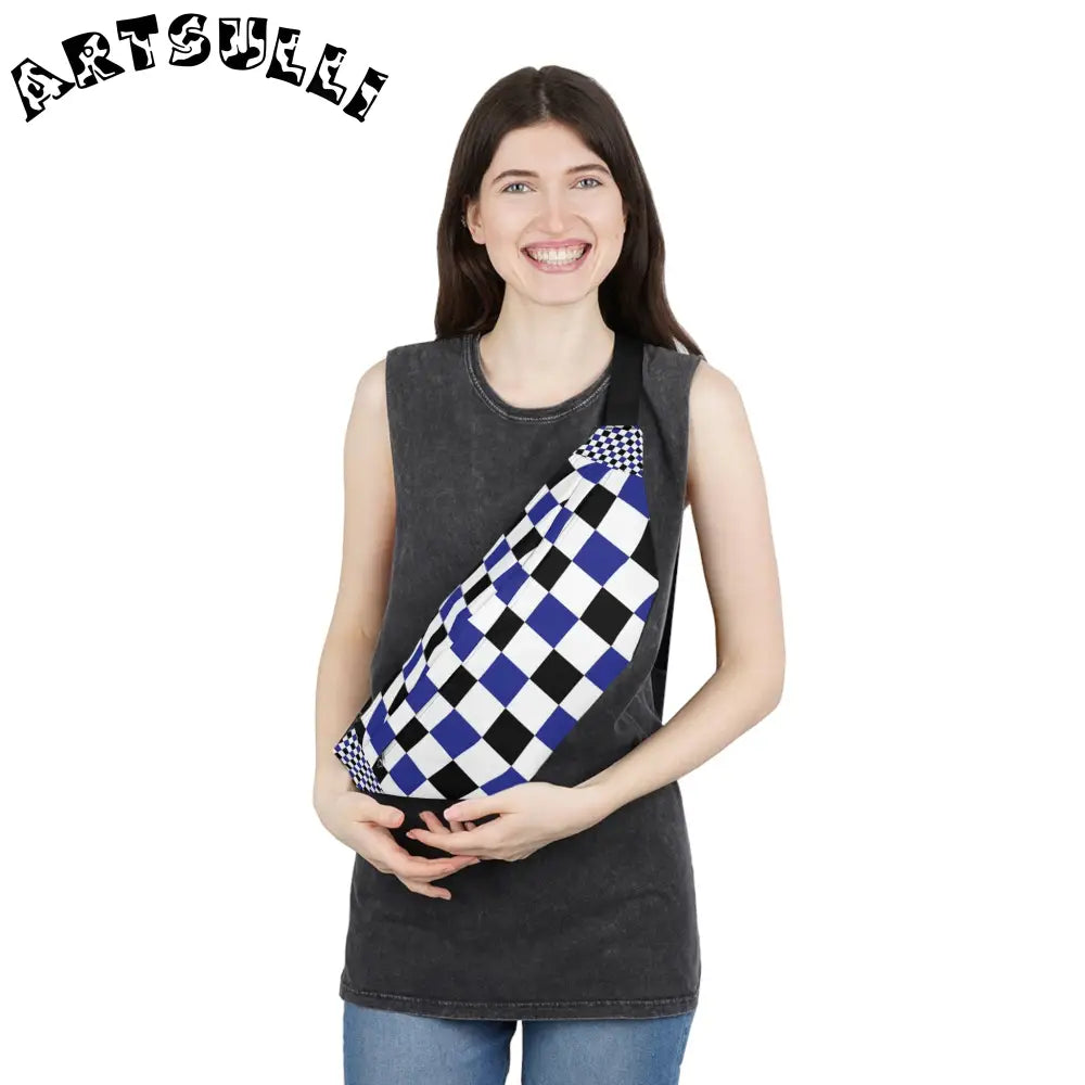 JAKKOUTTHEBXX Checkerboard Blue White and Black Large Fanny Pack