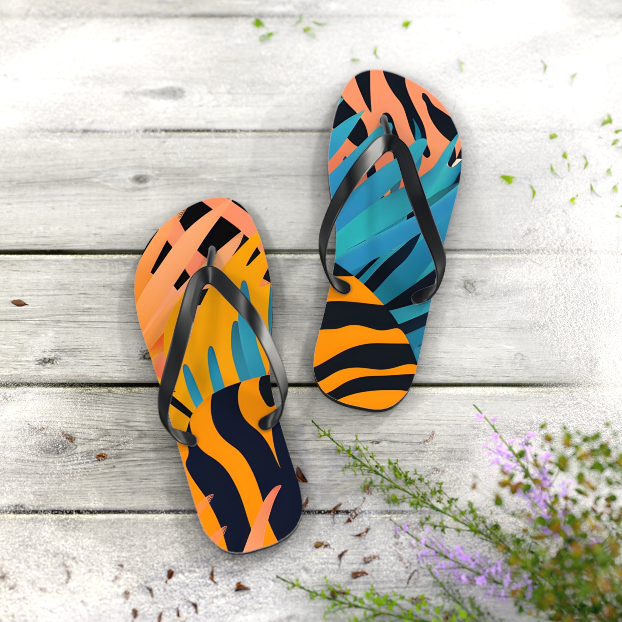 Palm Leaves x Zebra Stripes x  Tiger Stripes Orange and Blue Flip Flops, Artsulli - Art is Long, Life is Short, Shoes, , , , , , , 