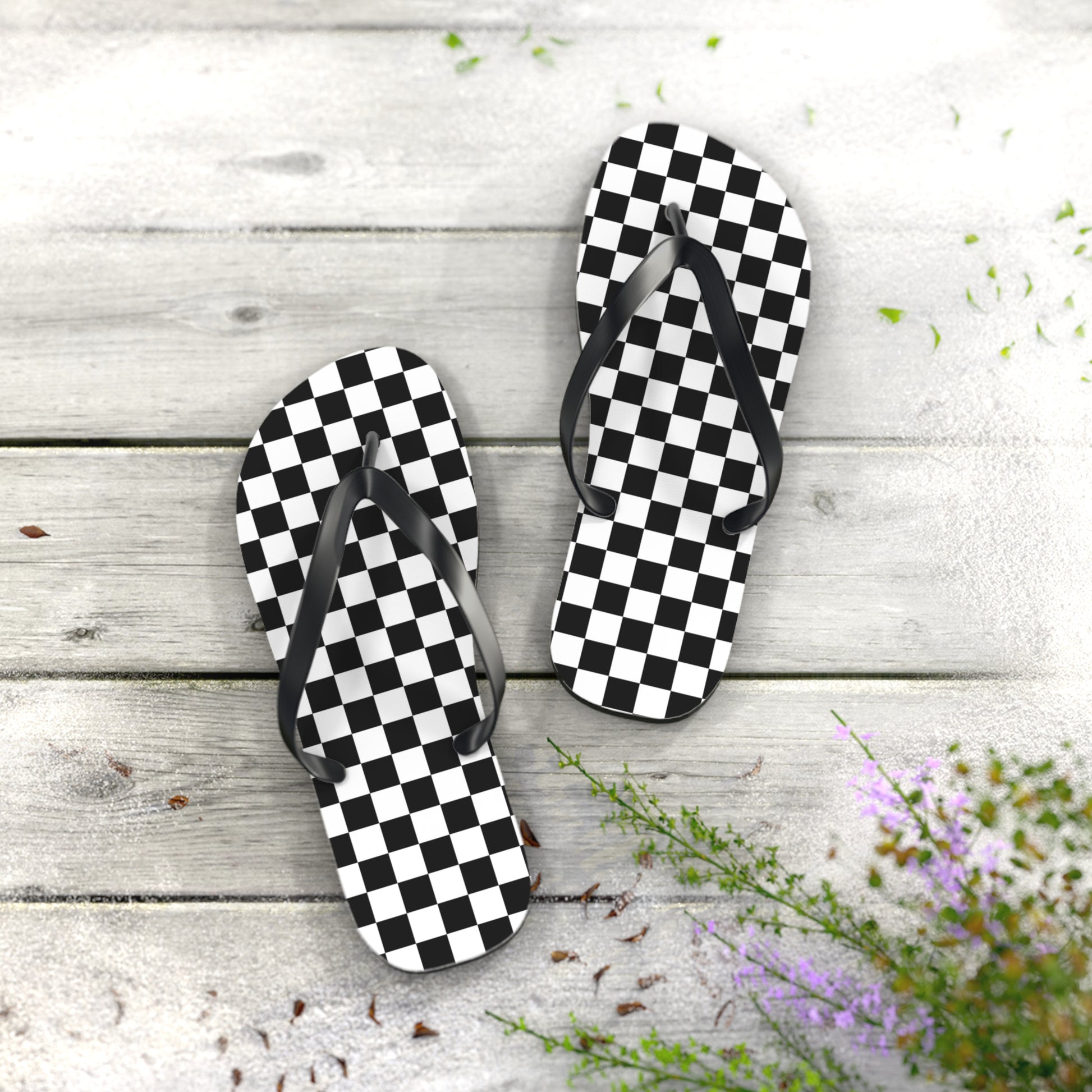 Checkerboard White and Black Flip Flops, Artsulli - Art is Long, Life is Short, Shoes, , , , , , , 