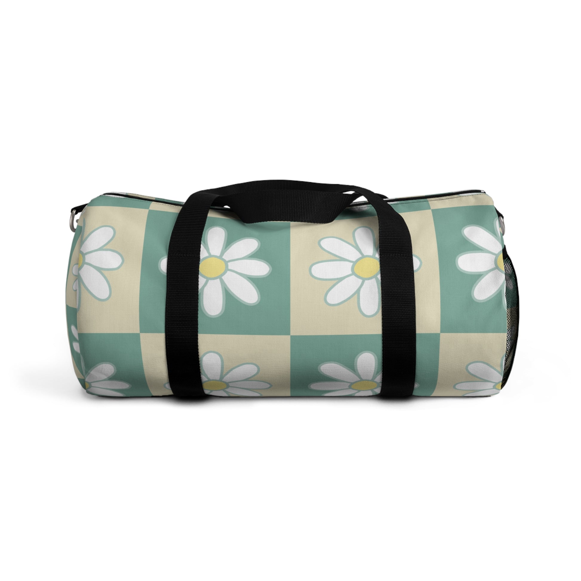 Retro Daisy Checkerboard Green and Tan Duffel Bag, Artsulli - Art is Long, Life is Short, Bags, Size, Small, , , , , 12297360803402564150