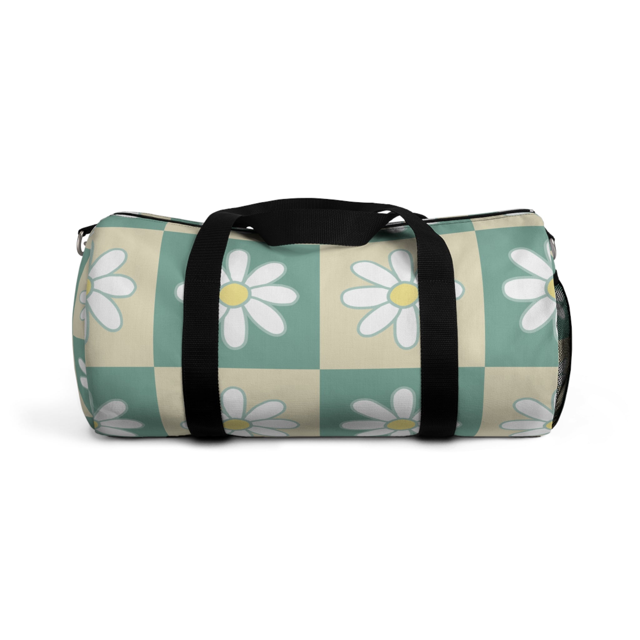 Retro Daisy Checkerboard Green and Tan Duffel Bag, Artsulli - Art is Long, Life is Short, Bags, Size, Small, , , , , 12297360803402564150