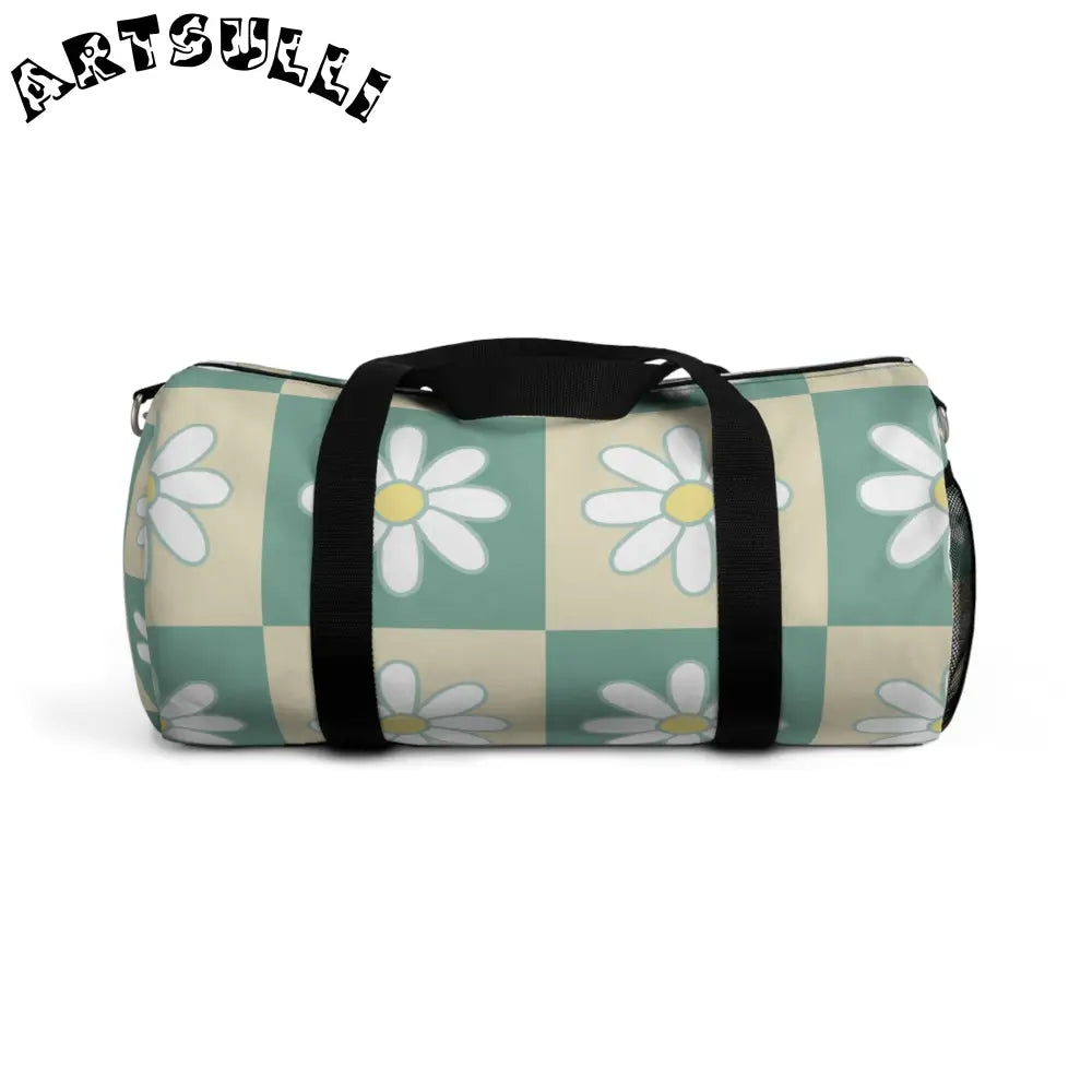 JAKKOUTTHEBXX Retro Daisy Checkerboard Green and Tan Duffel Bag