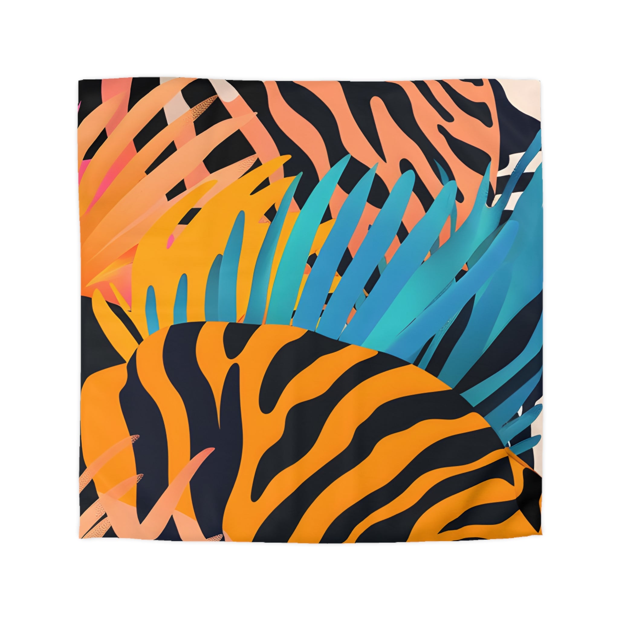 Palm Leaves x Zebra Stripes x  Tiger Stripes Orange and Blue  Microfiber Duvet Cover, Artsulli - Art is Long, Life is Short, Home Decor, Size, Queen, Color, Cream, , , 89767850036900
