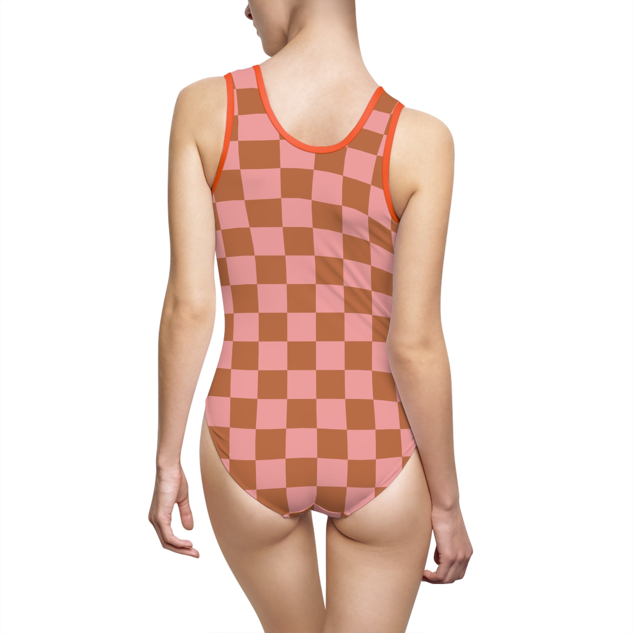 Chessboard Pink and Brown Women's Classic One-Piece Swimsuit (AOP), Artsulli - Art is Long, Life is Short, All Over Prints, , , , , , , 