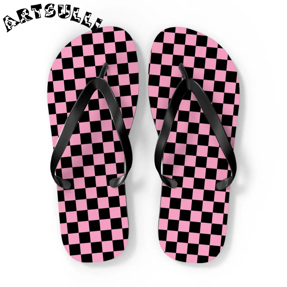 JAKKOUTTHEBXX Checkerboard Black and Pink Flip Flops JAKKOUTTHEBXX