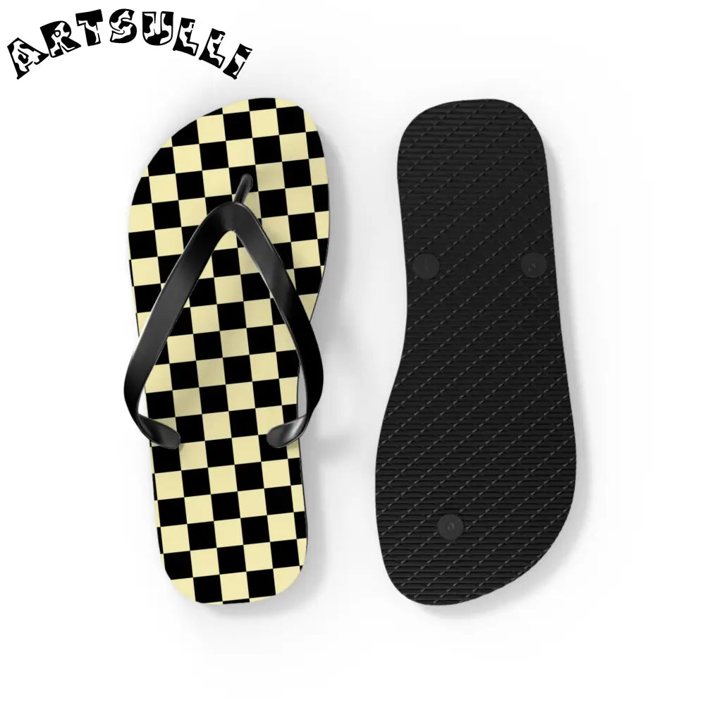 JAKKOUTTHEBXX Checkerboard Black and Yellow Flip Flops JAKKOUTTHEBXX