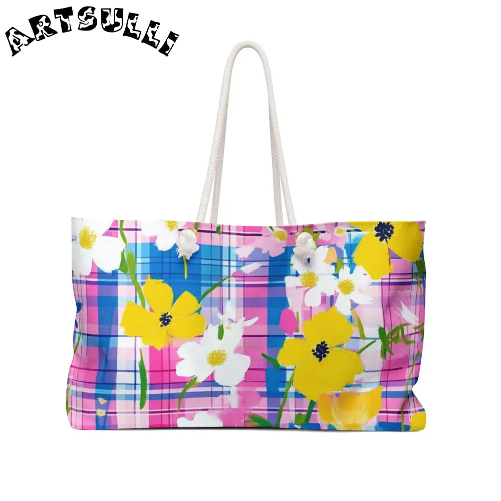 JAKKOUTTHEBXX Plaid Garden II Pink and Purple Weekender Bag