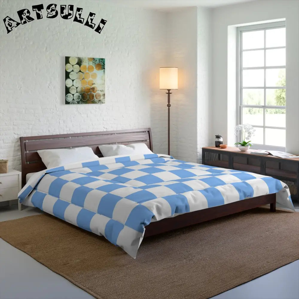 JAKKOUTTHEBXX Checkerboard White and Light Blue Comforter