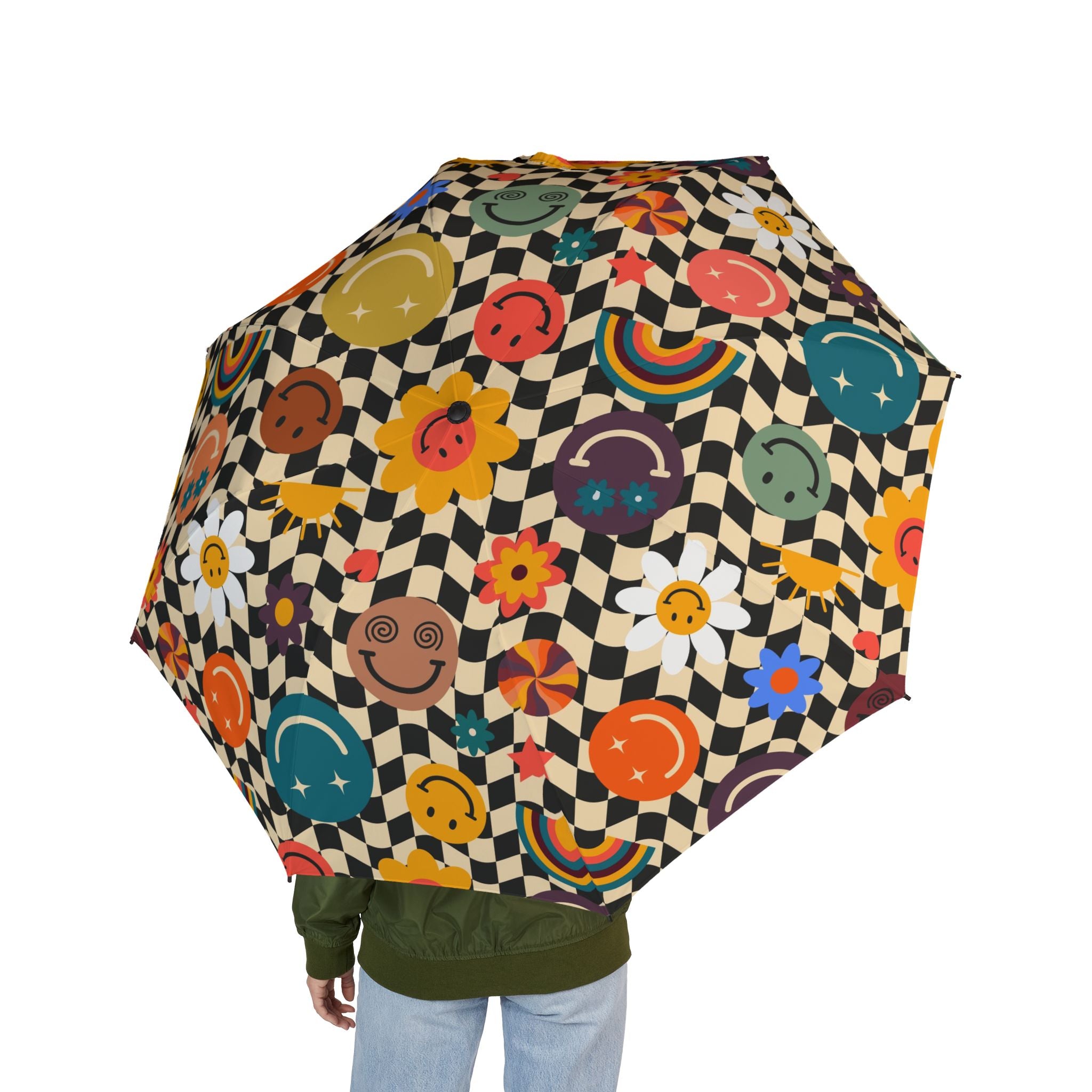 Trippy x Wavy Checkerboard x Smiley Face x Rainbow x Flowers II Multi-Color Semi-Automatic Foldable Umbrella, Artsulli - Art is Long, Life is Short, Accessories, , , , , , , 