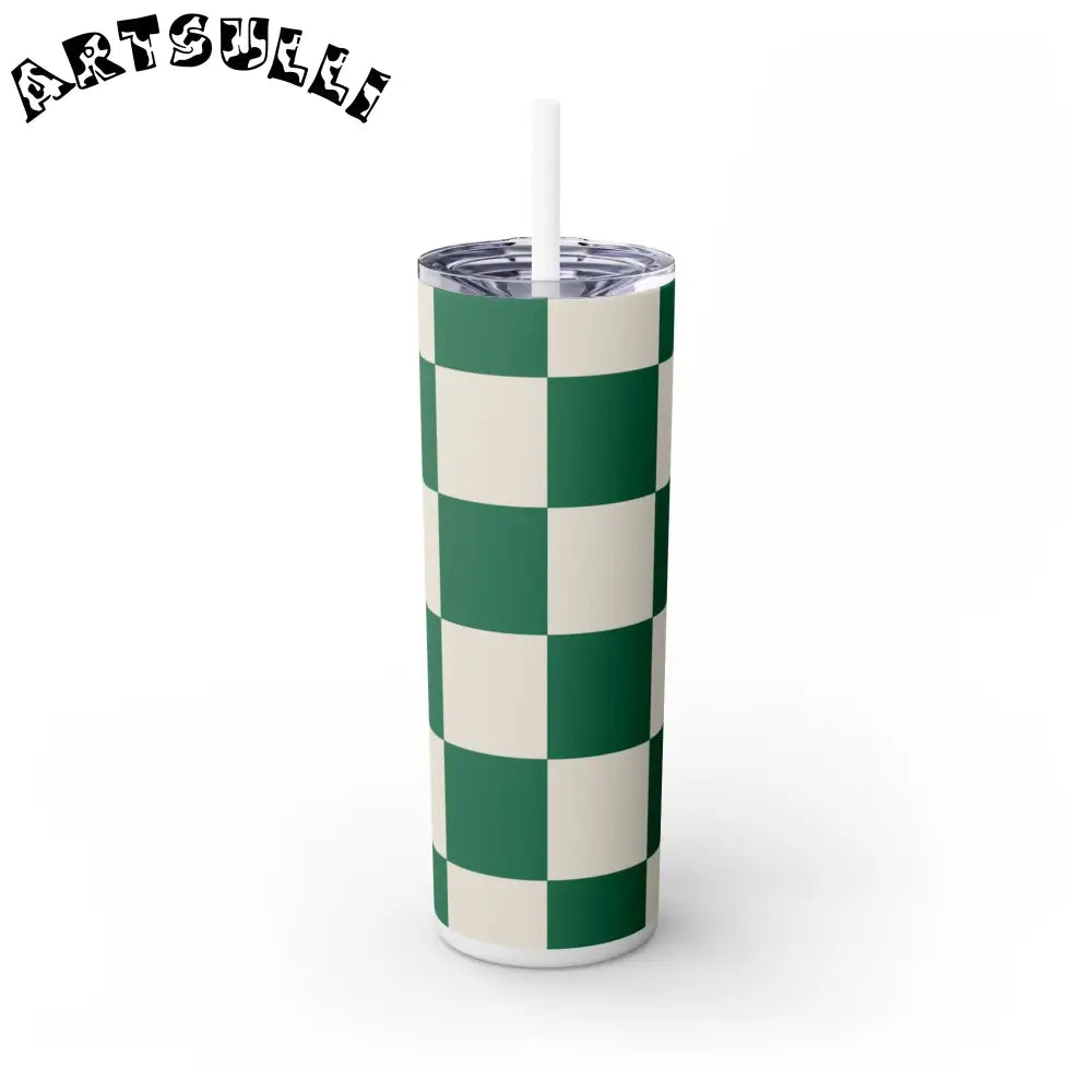 JAKKOUTTHEBXX Checkerboard Dark Green Skinny Tumbler with Straw 20oz