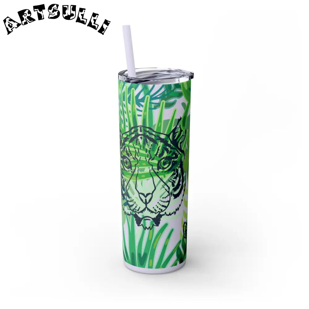 JAKKOUTTHEBXX Tropical Jungle Tigers Green Skinny Tumbler with Straw