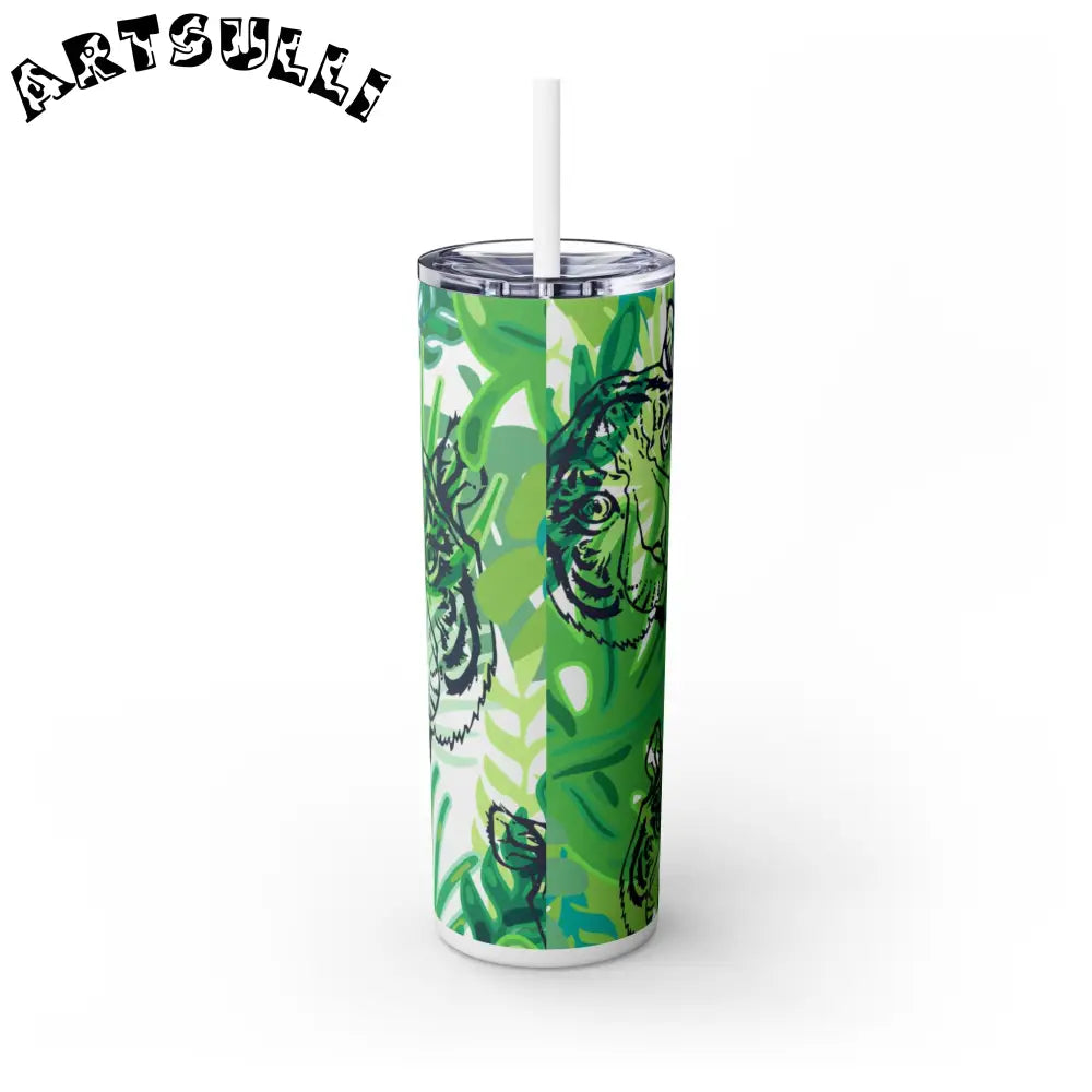JAKKOUTTHEBXX Tropical Jungle Tigers Green Skinny Tumbler with Straw