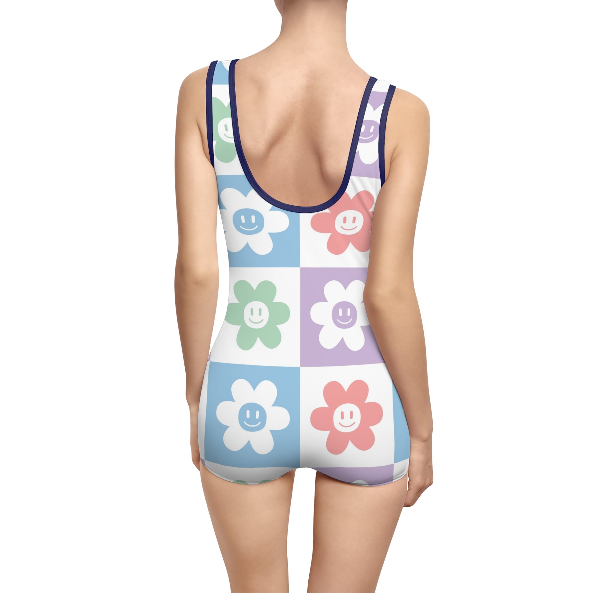 Chessboard x Smiley Face Flowers Multi-Color Women's Vintage Swimsuit (AOP), Artsulli - Art is Long, Life is Short, All Over Prints, , , , , , , 