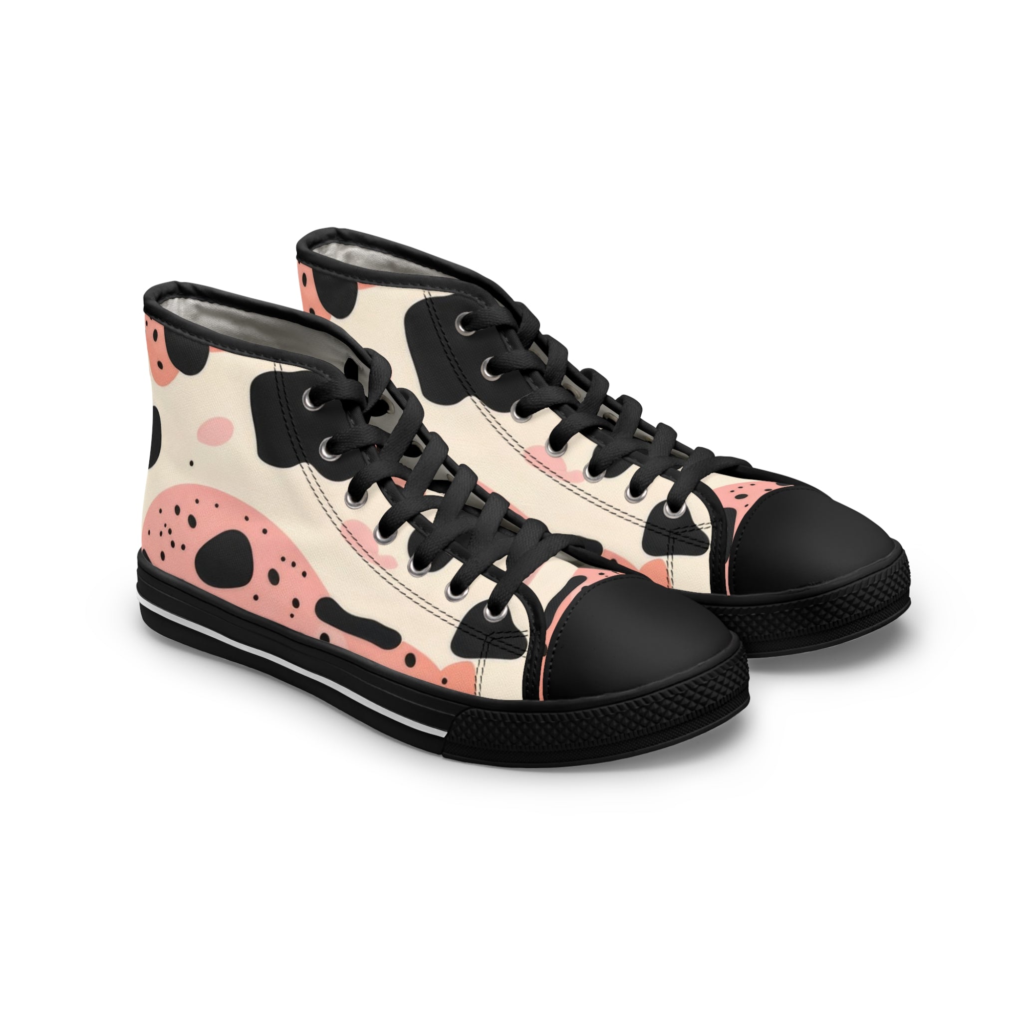 Organic Cow Print Cream and Pink Women's High Top Sneakers, Artsulli - Art is Long, Life is Short, Shoes, Size, US 5.5, Color, Black sole, , , 86496290088277