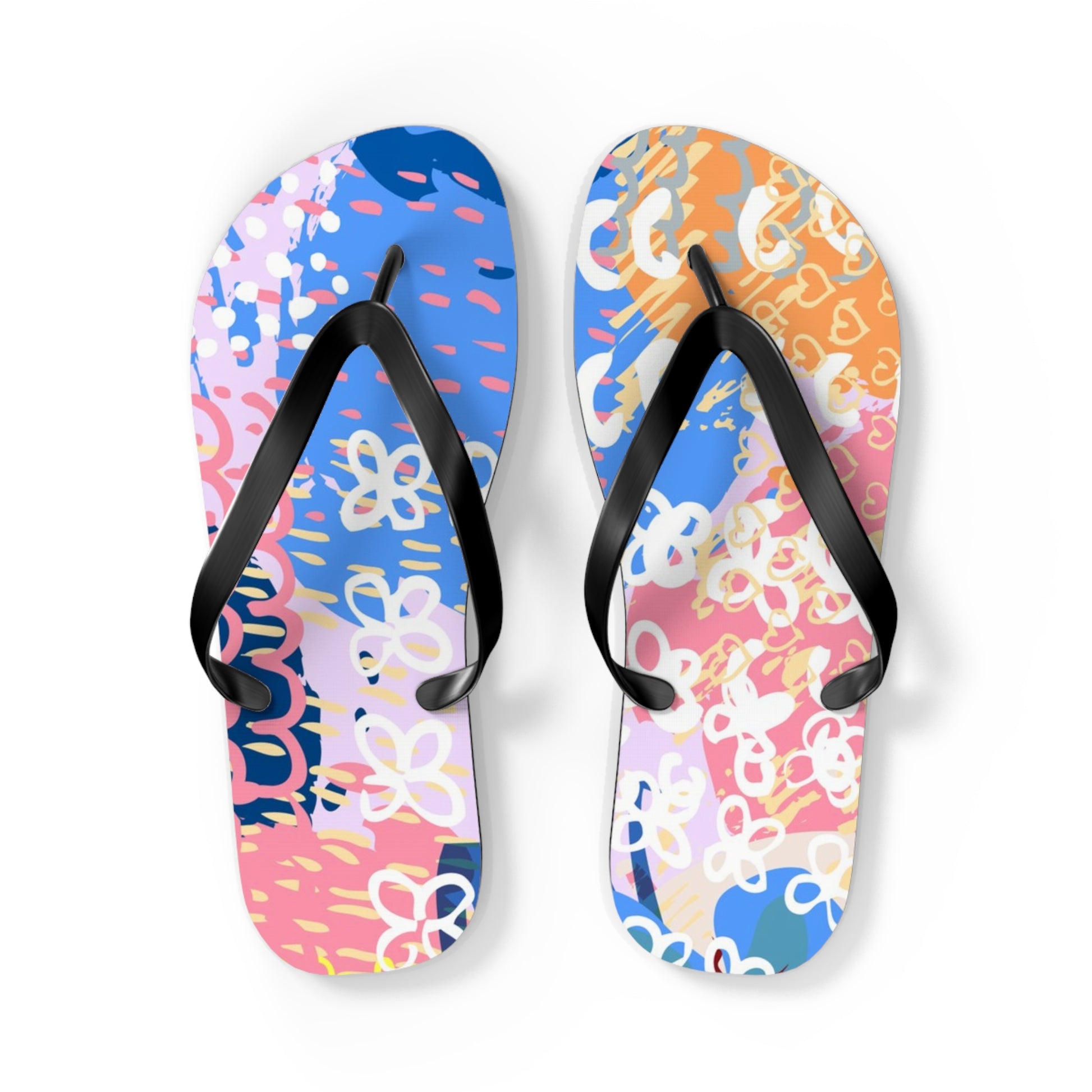 Flowers x Doodles x Hearts Multi-Color Flip Flops, Artsulli - Art is Long, Life is Short, Shoes, Size, L, Color, Black sole, , , 22140802443151499099