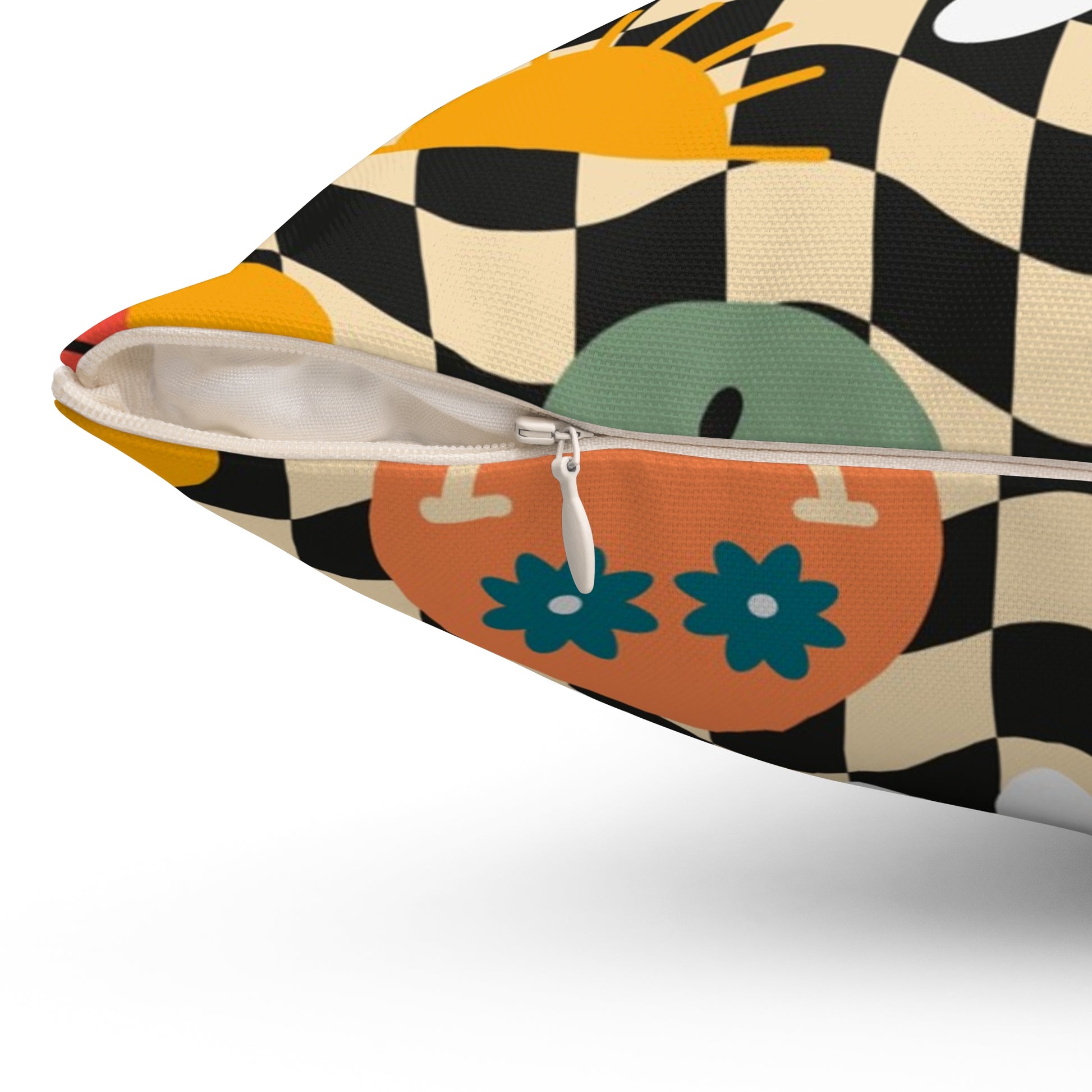 Trippy x Wavy Checkerboard x Smiley Face x Rainbow x Flowers Multi-Color Spun Polyester Square Pillow, Artsulli - Art is Long, Life is Short, Home Decor, , , , , , , 