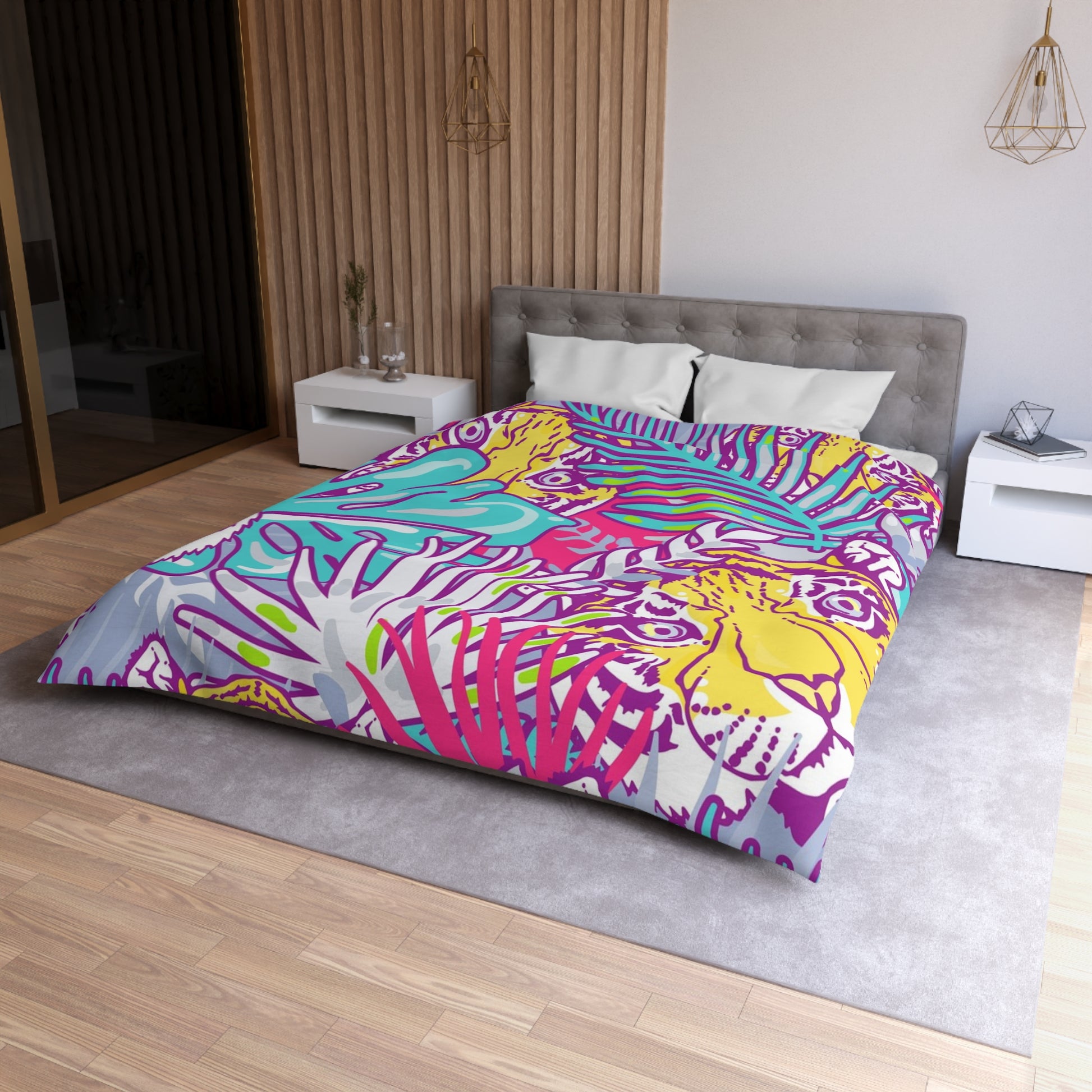 Tropical Floral Tigers Torquise and Purple Microfiber Duvet Cover, Artsulli - Art is Long, Life is Short, Home Decor, , , , , , , 