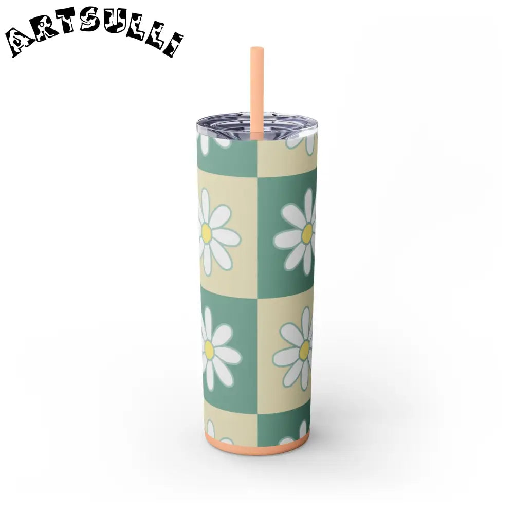 JAKKOUTTHEBXX Retro Daisy Checkerboard Green and Tan Skinny Tumbler