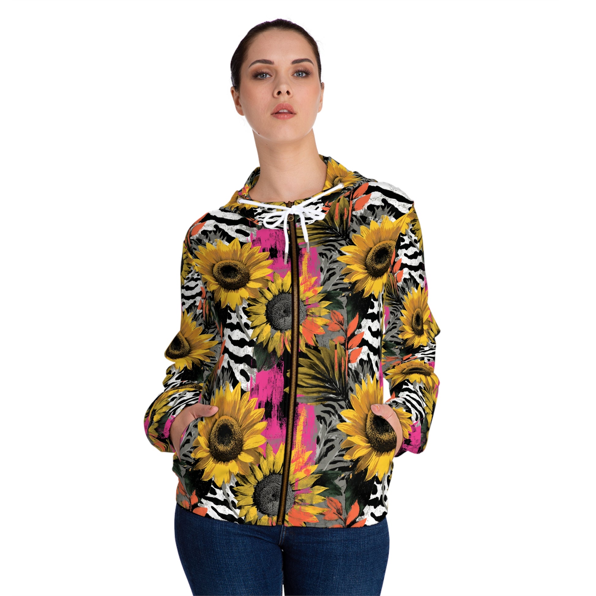 Zebra Stripes x Sunflowers Multi-Color Women’s Full-Zip Hoodie (AOP), Artsulli - Art is Long, Life is Short, All Over Prints, , , , , , , 