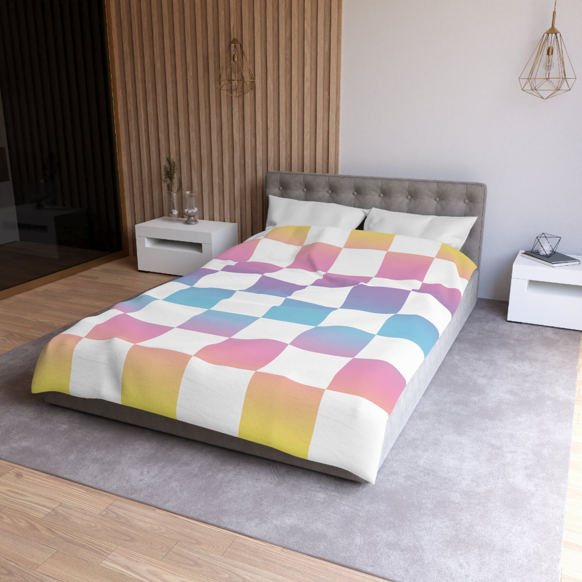 Vaporwave Check Microfiber Duvet Cover, Artsulli - Art is Long, Life is Short, Home Decor, , , , , , , 