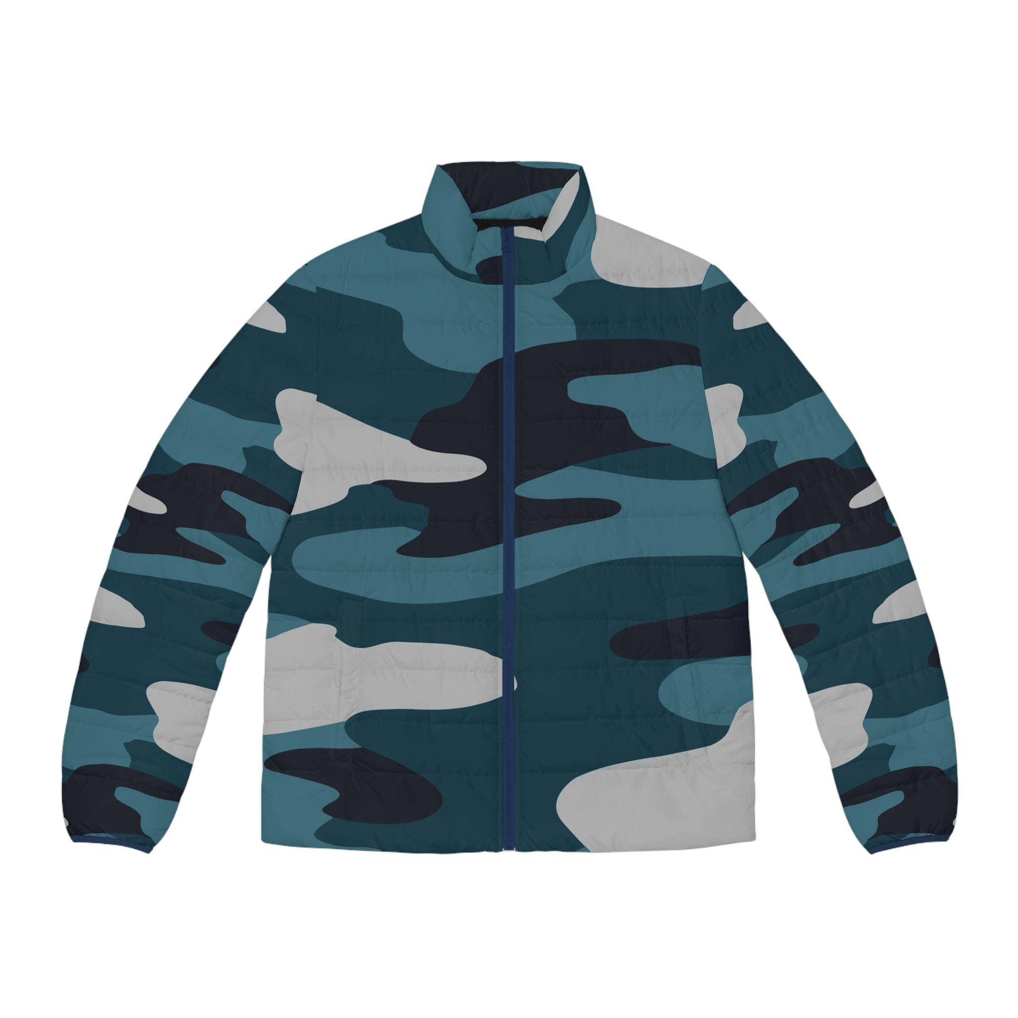 Blue Camouflage Men's Puffer Jacket (AOP), Artsulli - Art is Long, Life is Short, All Over Prints, Size, S, Color, Dark blue zipper, , , 30680357891525193496