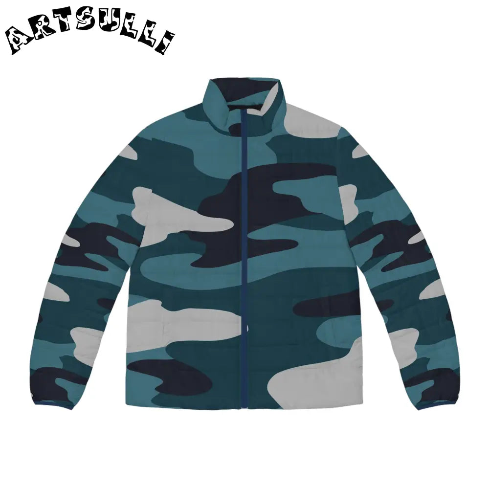JAKKOUTTHEBXX Blue Camouflage Men’s Puffer Jacket (AOP)