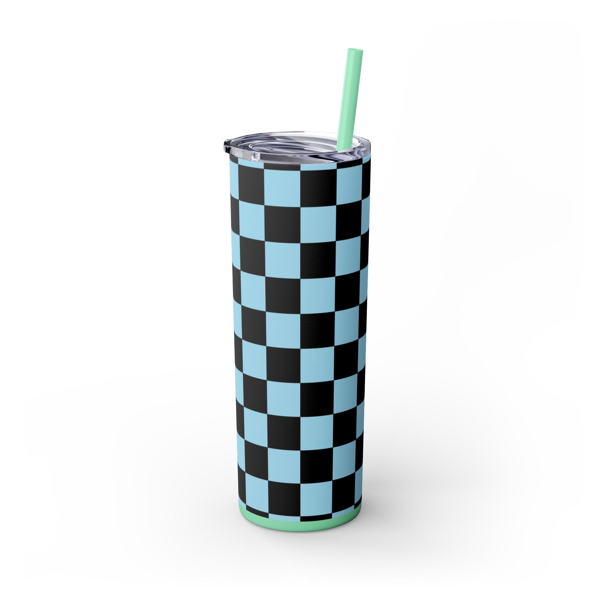 Checkerboard Black and Blue Skinny Tumbler with Straw, 20oz, Artsulli - Art is Long, Life is Short, Mug, , , , , , , 