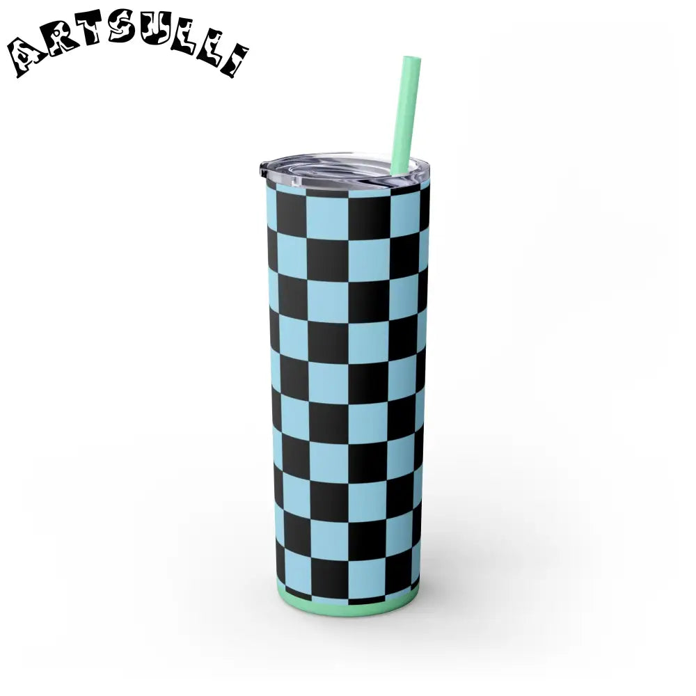 JAKKOUTTHEBXX Checkerboard Black and Blue Skinny Tumbler with Straw