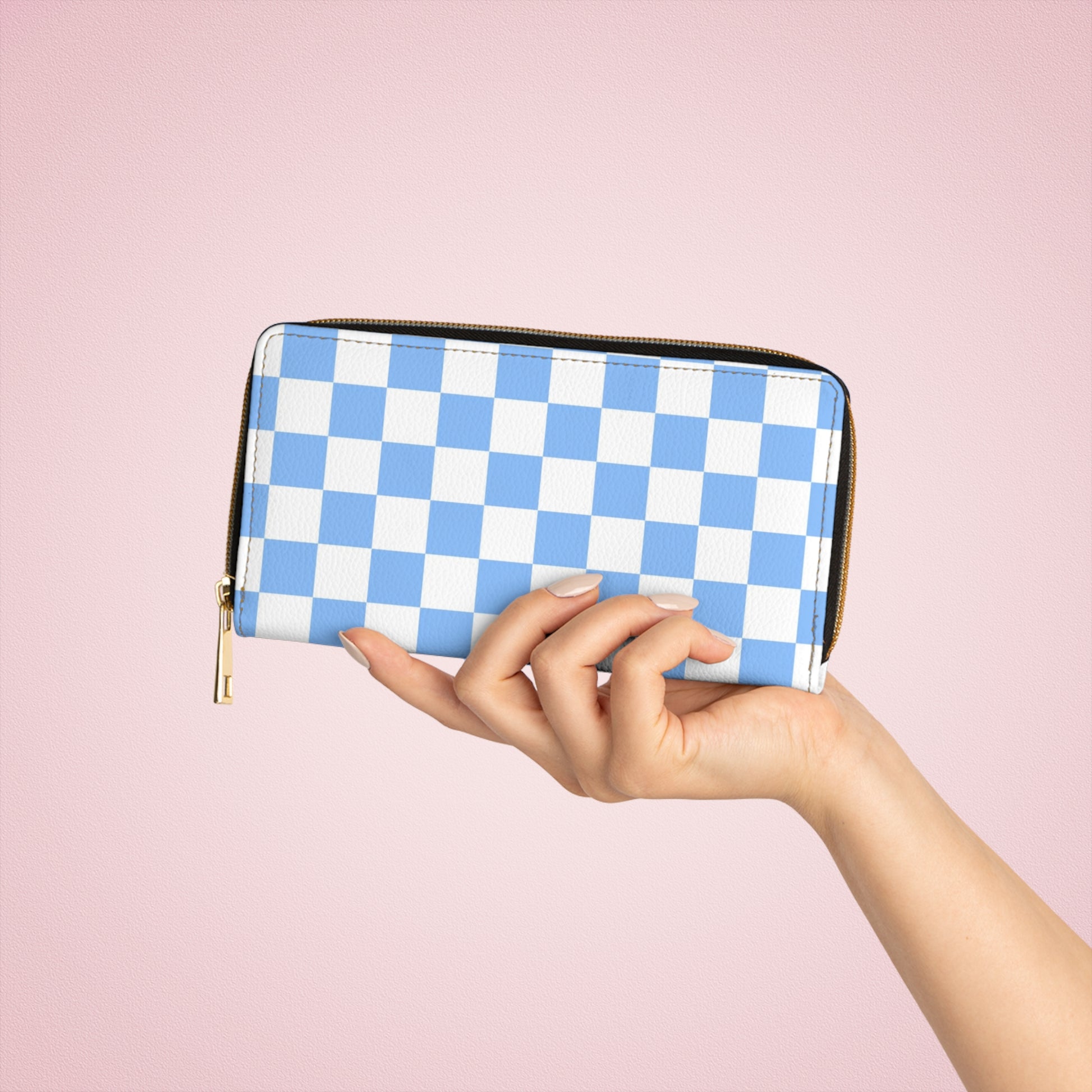 Checkerboard White and Light Blue Zipper Wallet, Artsulli - Art is Long, Life is Short, Accessories, , , , , , , 