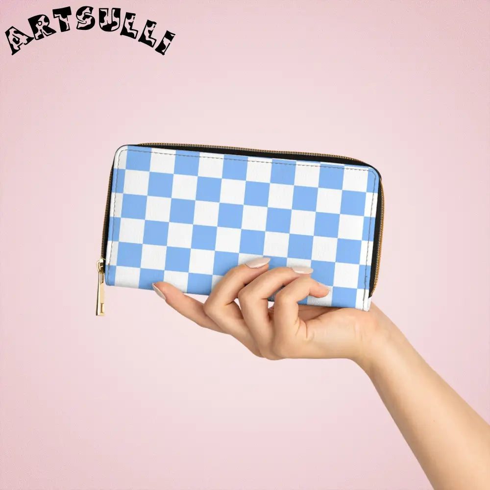 JAKKOUTTHEBXX Checkerboard White and Light Blue Zipper Wallet