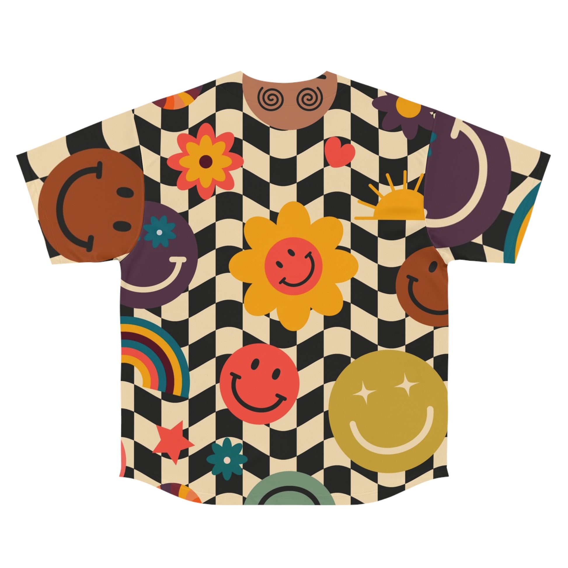 Trippy x Wavy Checkerboard x Smiley Face x Rainbow x Flowers Multi-Color Men's Baseball Jersey (AOP), Artsulli - Art is Long, Life is Short, All Over Prints, , , , , , , 