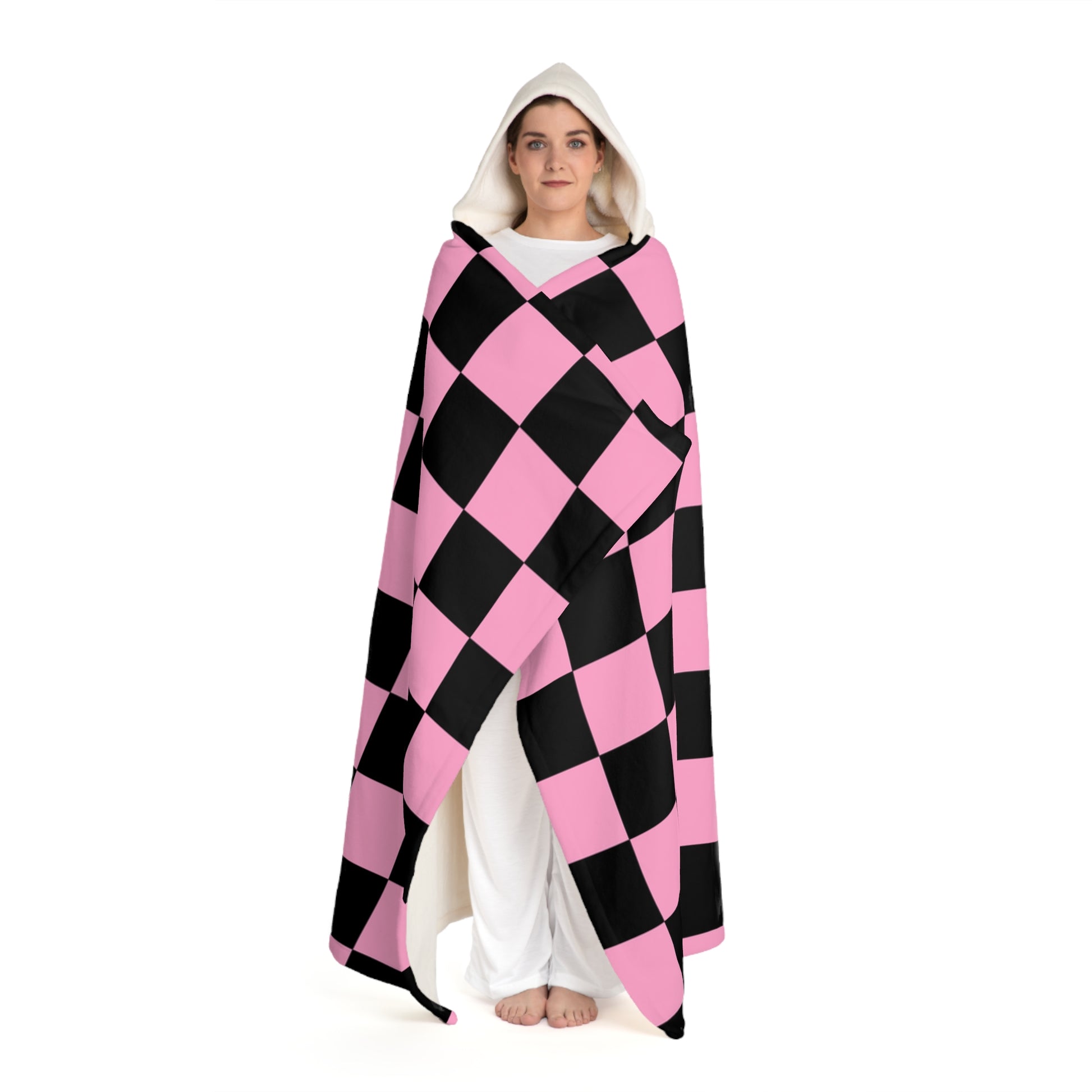 Checkerboard Black and Pink Hooded Sherpa Fleece Blanket, Artsulli - Art is Long, Life is Short, All Over Prints, , , , , , , 