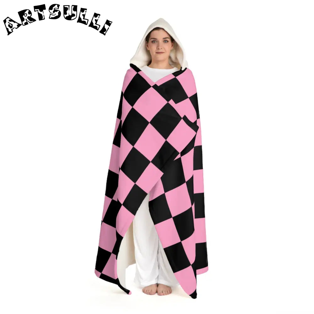 JAKKOUTTHEBXX Checkerboard Black and Pink Hooded Sherpa Fleece