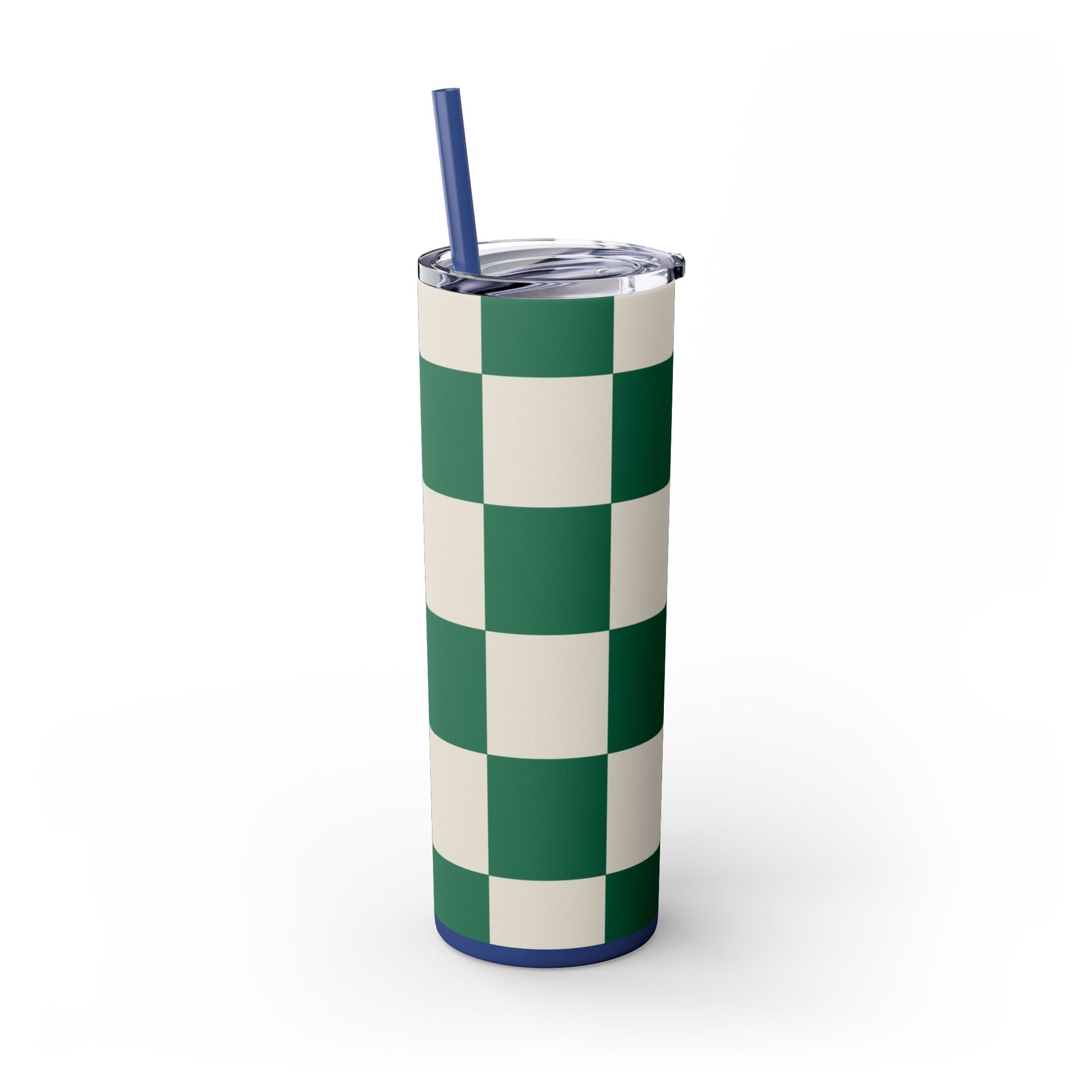 Checkerboard Dark Green Skinny Tumbler with Straw, 20oz, Artsulli - Art is Long, Life is Short, Mug, , , , , , , 