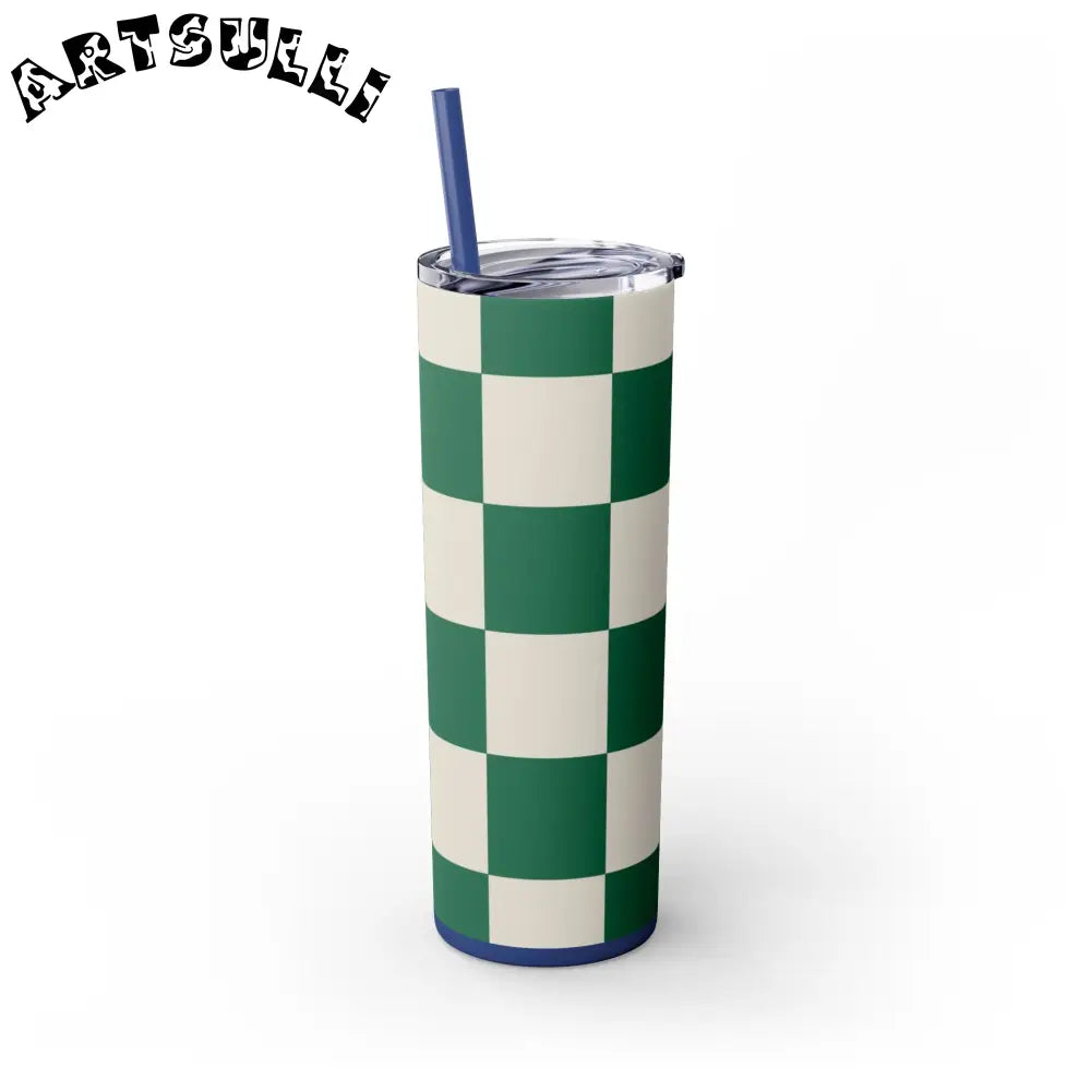 JAKKOUTTHEBXX Checkerboard Dark Green Skinny Tumbler with Straw 20oz