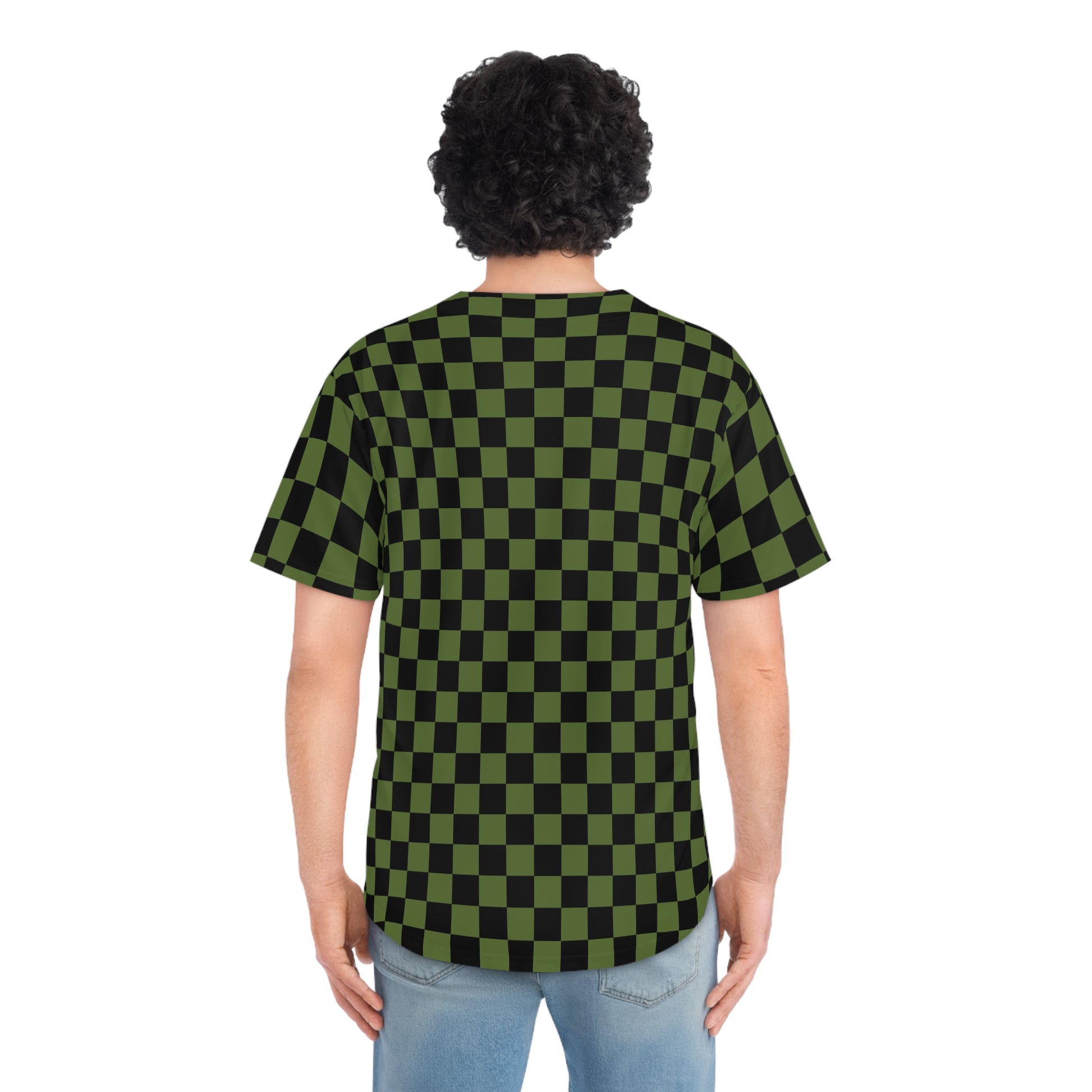 Checkerboard Olive Green and Black Men's Baseball Jersey (AOP), Artsulli - Art is Long, Life is Short, All Over Prints, , , , , , , 