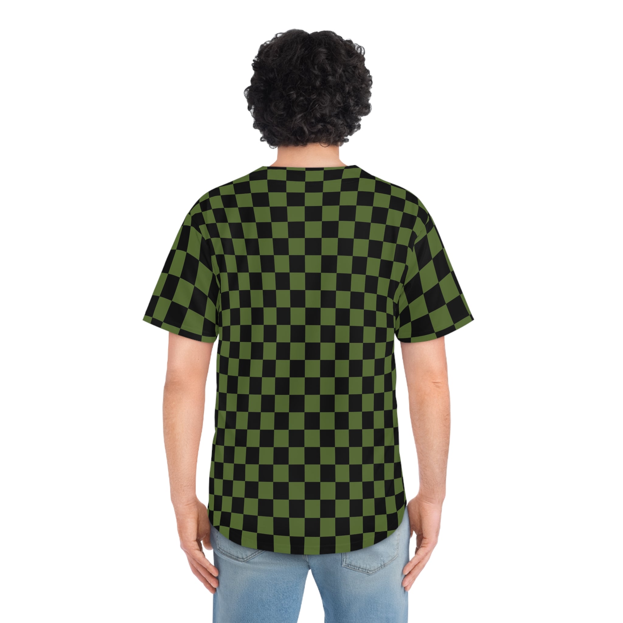 Checkerboard Olive Green and Black Men's Baseball Jersey (AOP), Artsulli - Art is Long, Life is Short, All Over Prints, , , , , , , 