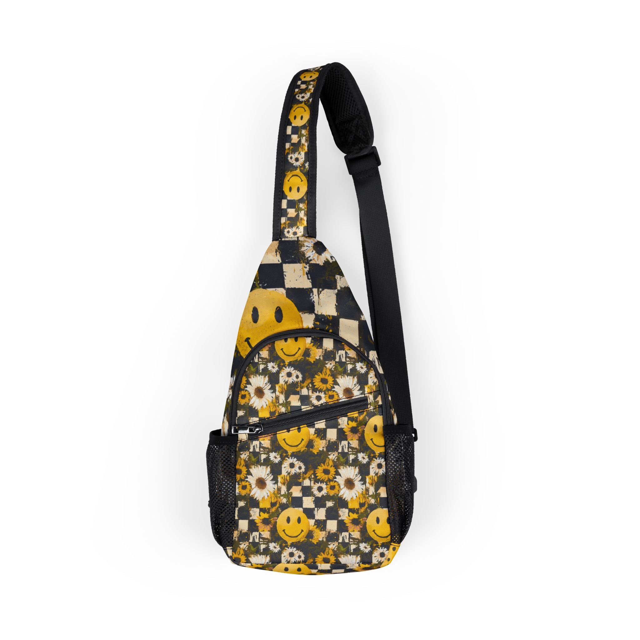 Smiley Face x Checkerboard x Sunflowers x Trippy x Vintage Black and Yellow Chest Bag (AOP), Artsulli - Art is Long, Life is Short, Bags, Size, One size, , , , , 27034429555196635061