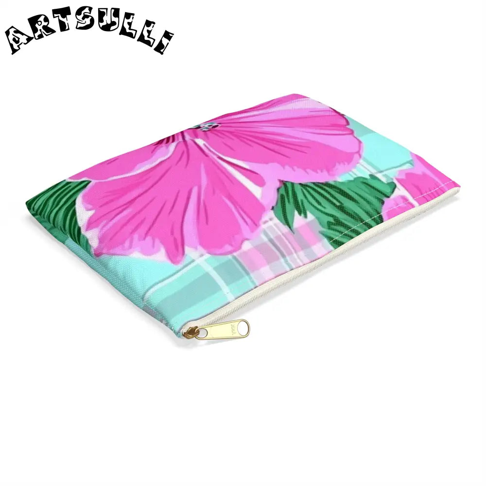 JAKKOUTTHEBXX Pink Hibiscus Plaid Flat Pouch JAKKOUTTHEBXX Artsulli