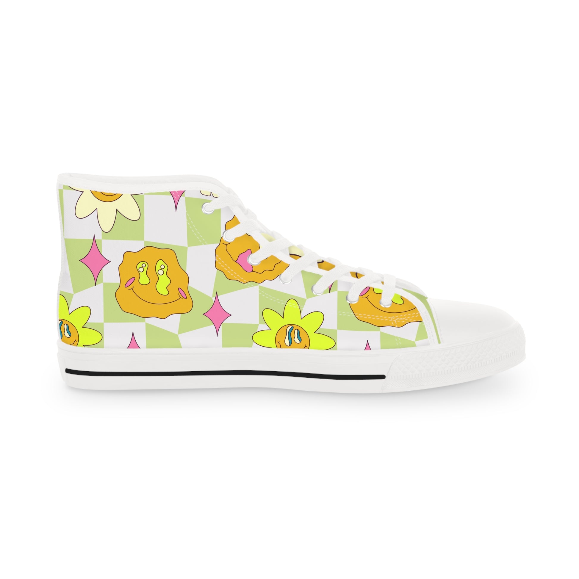 Sunflower x Checkerboard Trippy Men's High Top Sneakers, Artsulli - Art is Long, Life is Short, Shoes, , , , , , , 