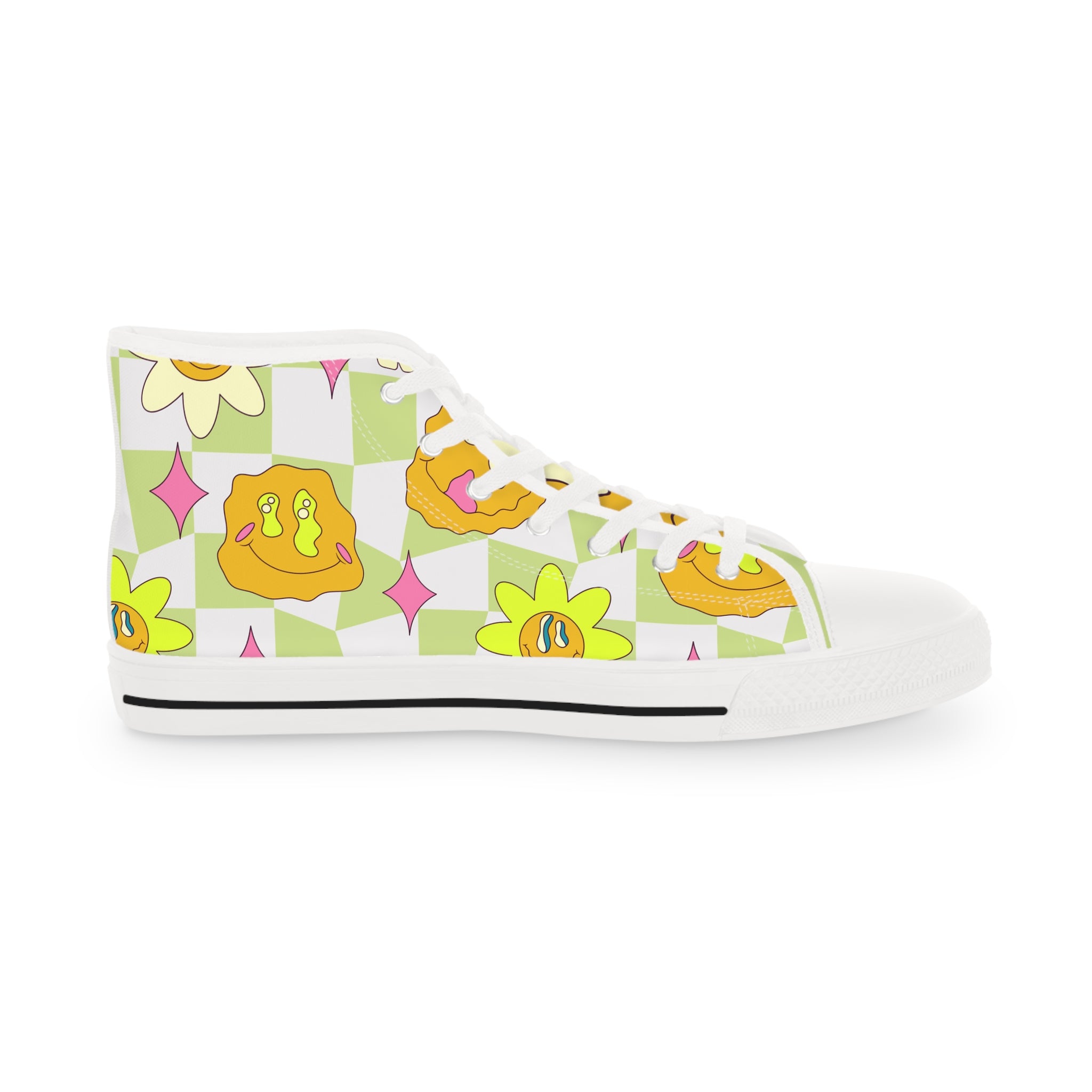 Sunflower x Checkerboard Trippy Men's High Top Sneakers, Artsulli - Art is Long, Life is Short, Shoes, , , , , , , 