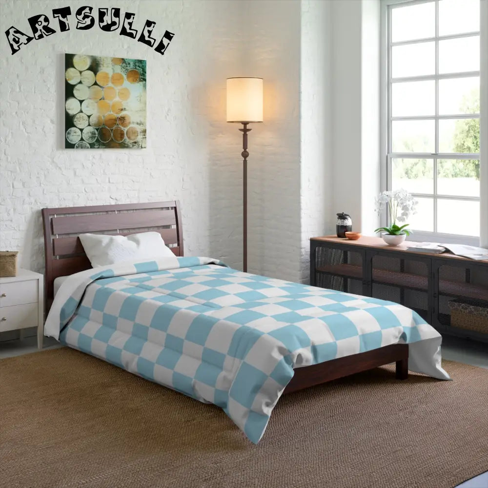 JAKKOUTTHEBXX Checkerboard Sky Blue Comforter JAKKOUTTHEBXX Artsulli