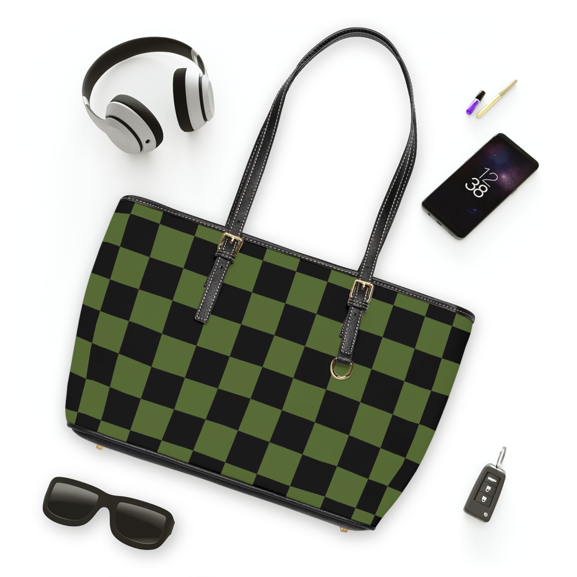 Checkerboard Olive Green and Black PU Leather Shoulder Bag, Artsulli - Art is Long, Life is Short, Bags, , , , , , , 