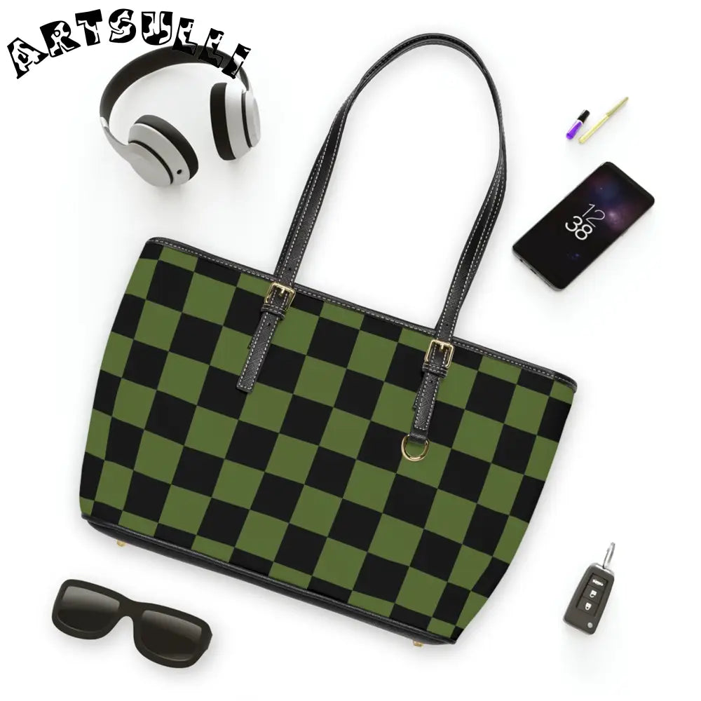 JAKKOUTTHEBXX Checkerboard Olive Green and Black PU Leather Shoulder