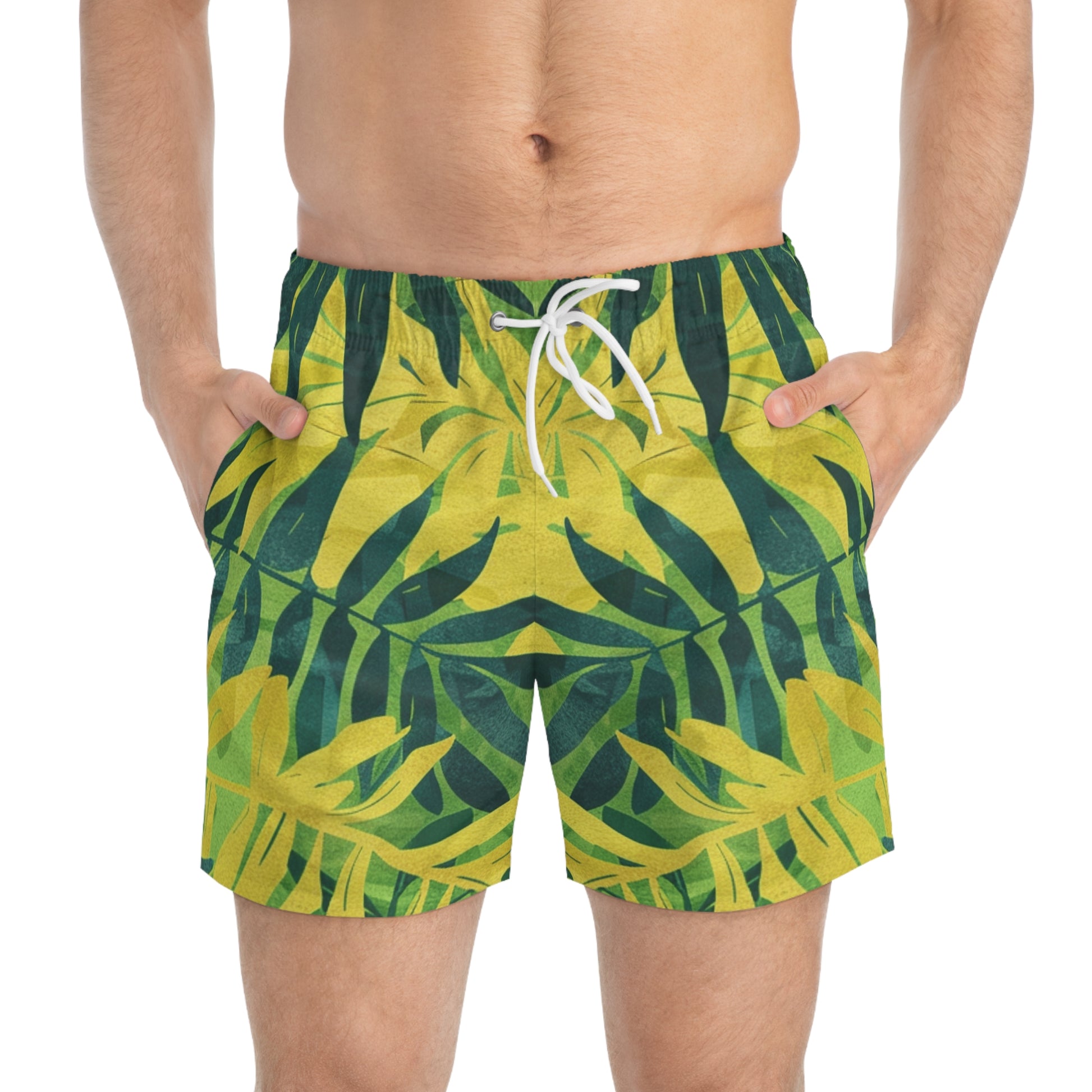 Green Leaf x Yellow Leaf x Tropical x Jungle Swim Trunks (AOP), Artsulli - Art is Long, Life is Short, All Over Prints, , , , , , , 