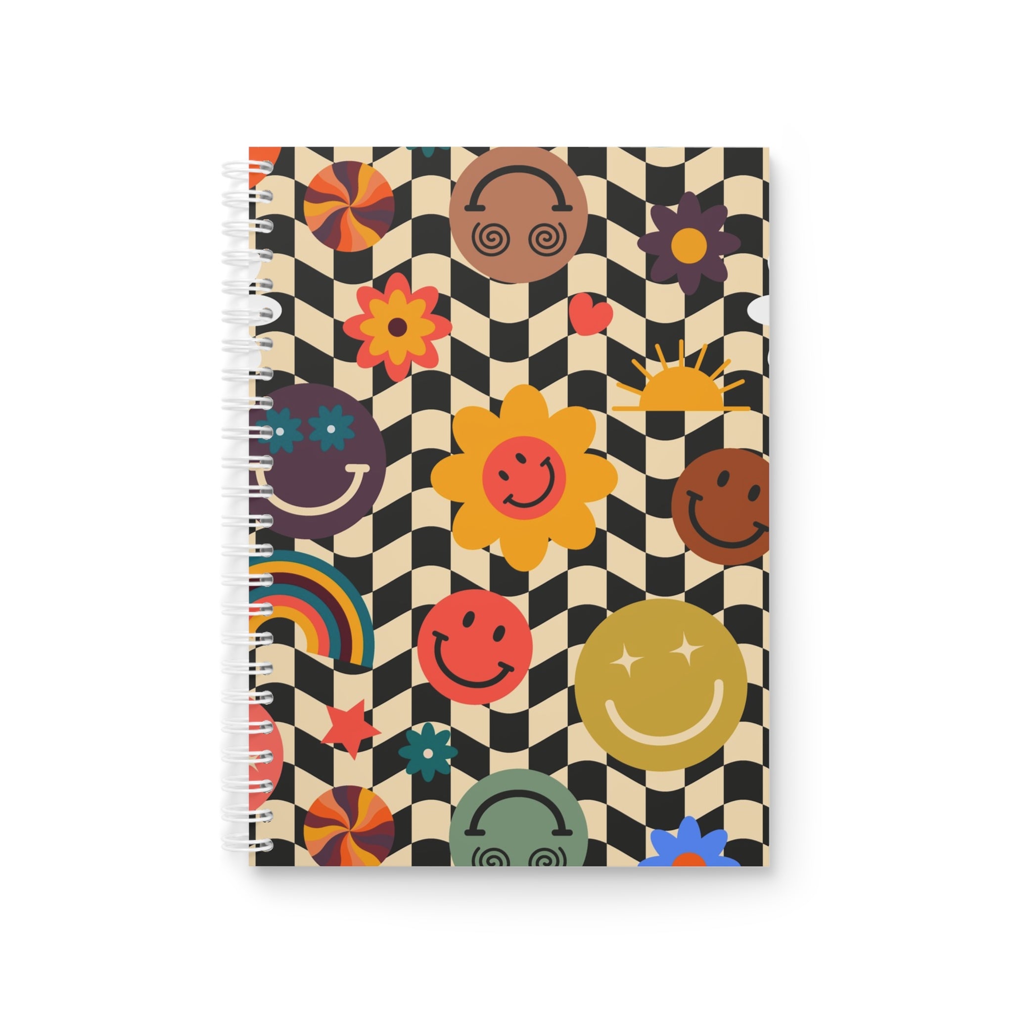 Trippy x Wavy Checkerboard x Smiley Face x Rainbow x Flowers Multi-Color Spiral Notebook, Artsulli - Art is Long, Life is Short, Paper products, Size, One Size, , , , , 26045834643834542669